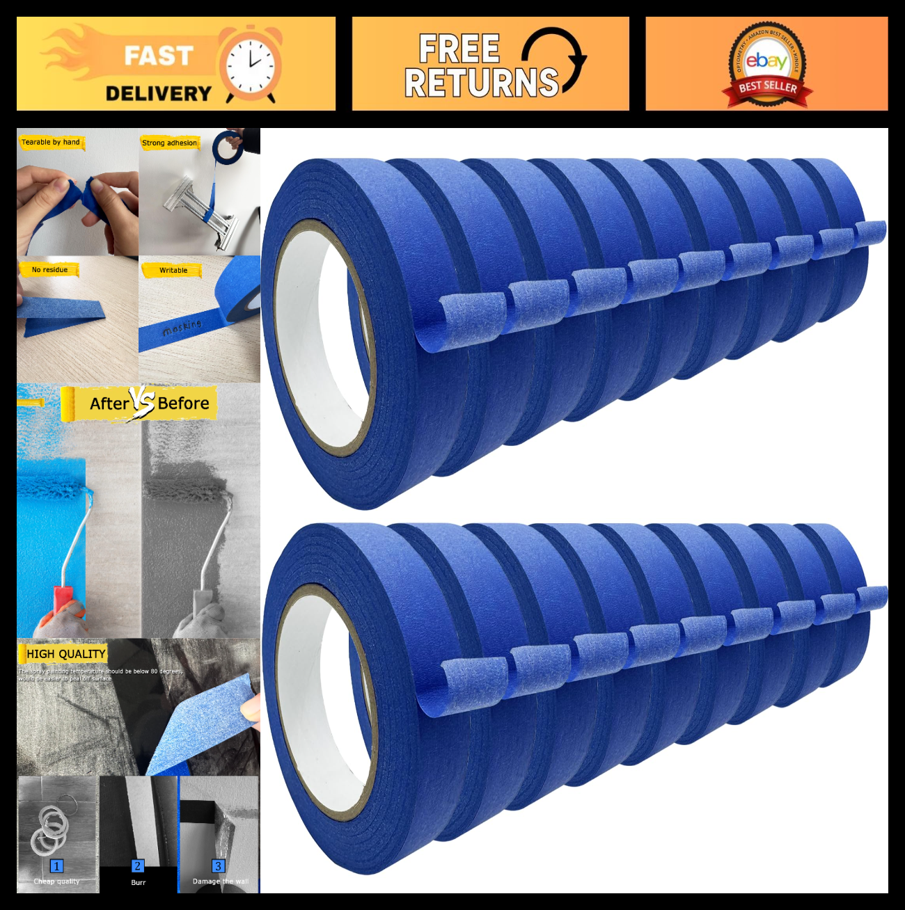 Premium Blue Painters Tape   18 Rolls, Medium Adhesion, Edge Lock, Multi Surface0