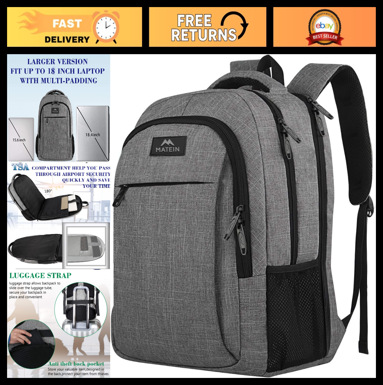 Extra Large 18.4" Laptop Backpack, TSA Friendly Travel Bag, Water Resistant, Dur0