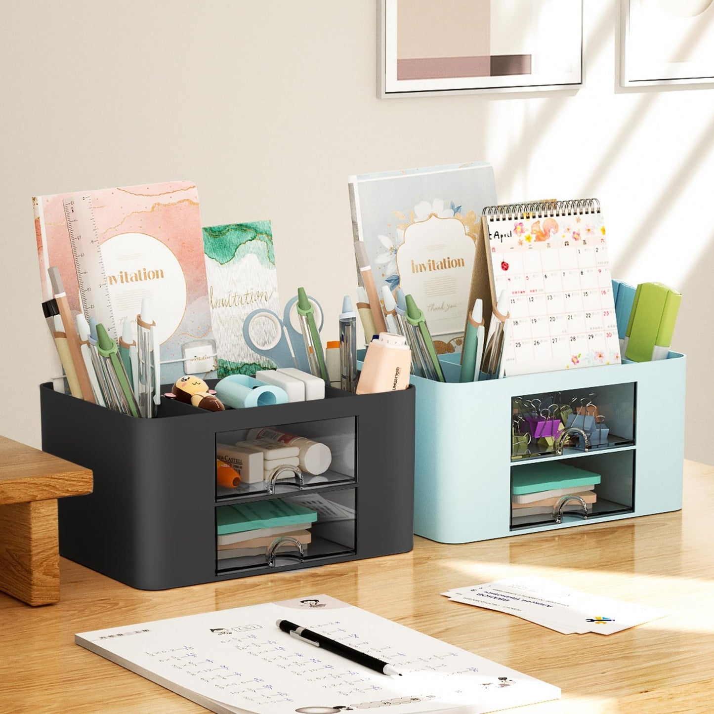 Multi Functional Desk Organizer with 2 Drawers, 5 Compartments for Office Suppli4