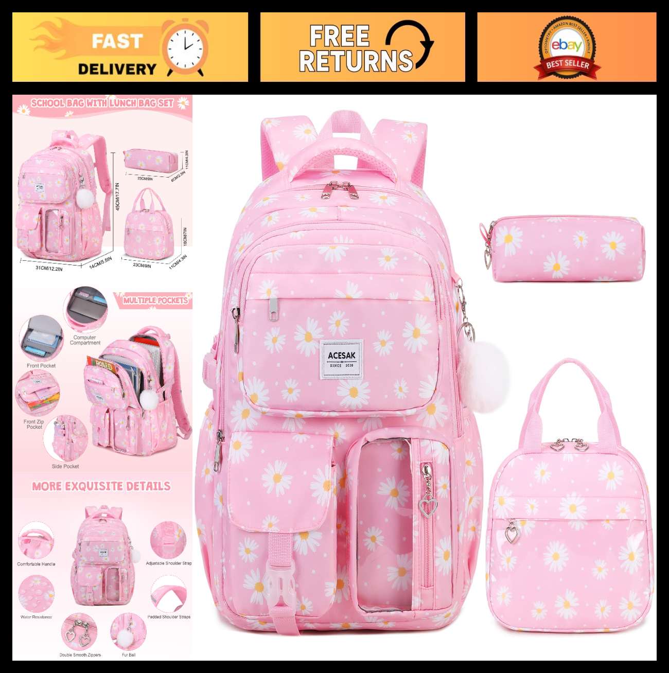 Stylish Girls Backpack with Lunch Bag & Pencil Pouch   Teen Laptop Bookbag, Pink0