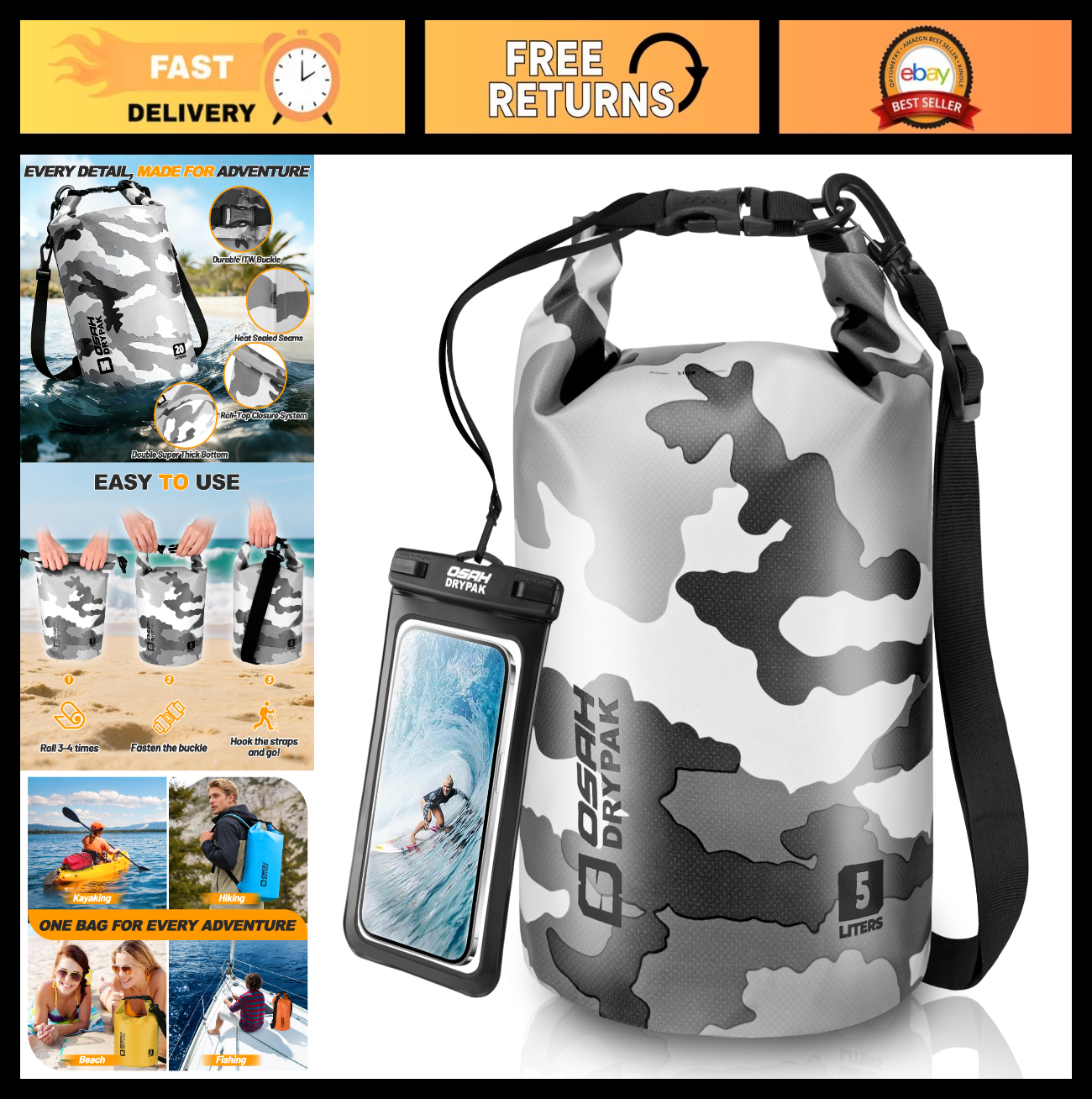 Waterproof Dry Bag - 5L/10L/20L/30L/40L Roll Top Backpack with Phone Case for Tr0