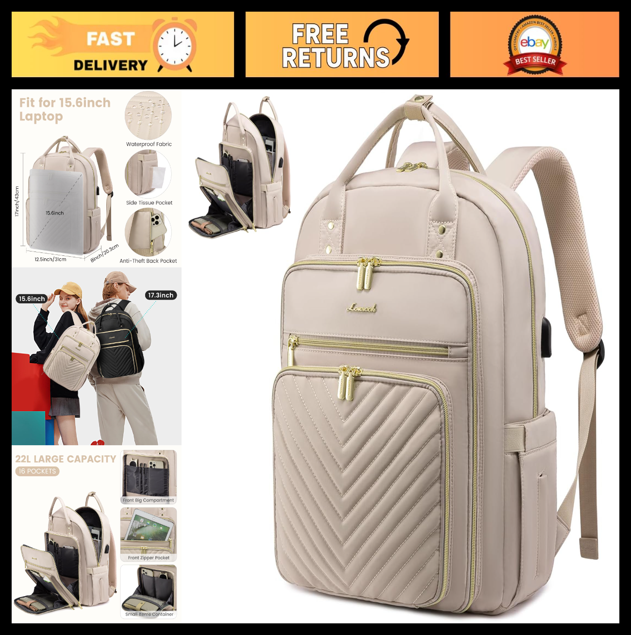 Stylish 15.6" Laptop Backpack for Women, Waterproof USB Daypack for Work & Trave0