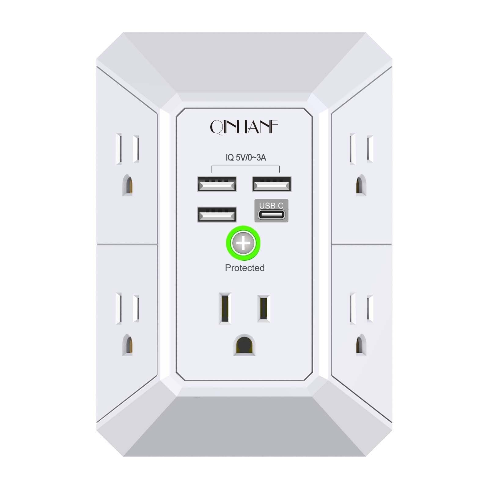 5 Outlet Wall Charger Surge Protector with 4 USB Ports, 3 Sided Power Strip for0