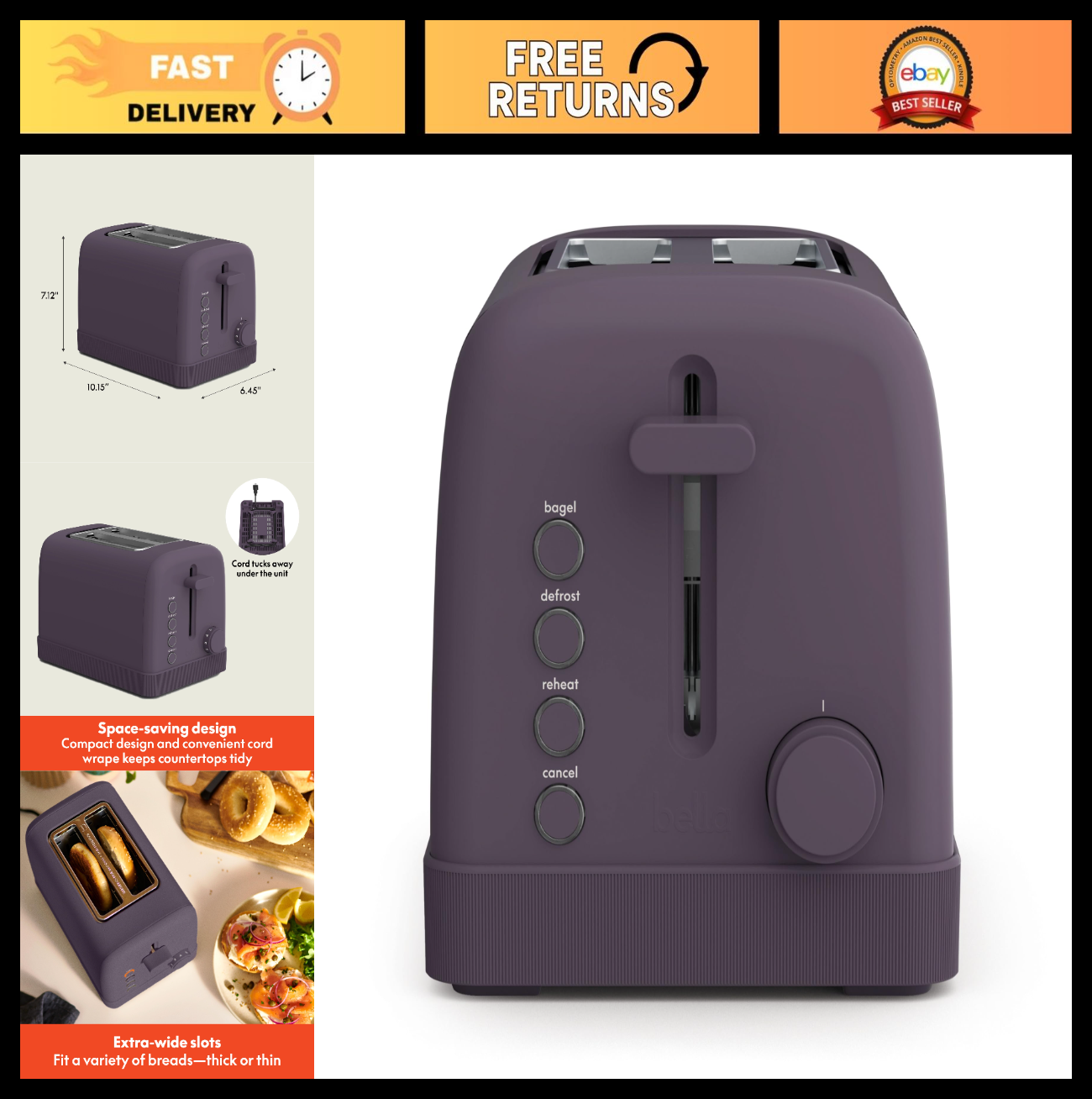 2 Slice Toaster with Extra Wide Slots, 6 Shade Control, Plum Color, Kitchen Appl0