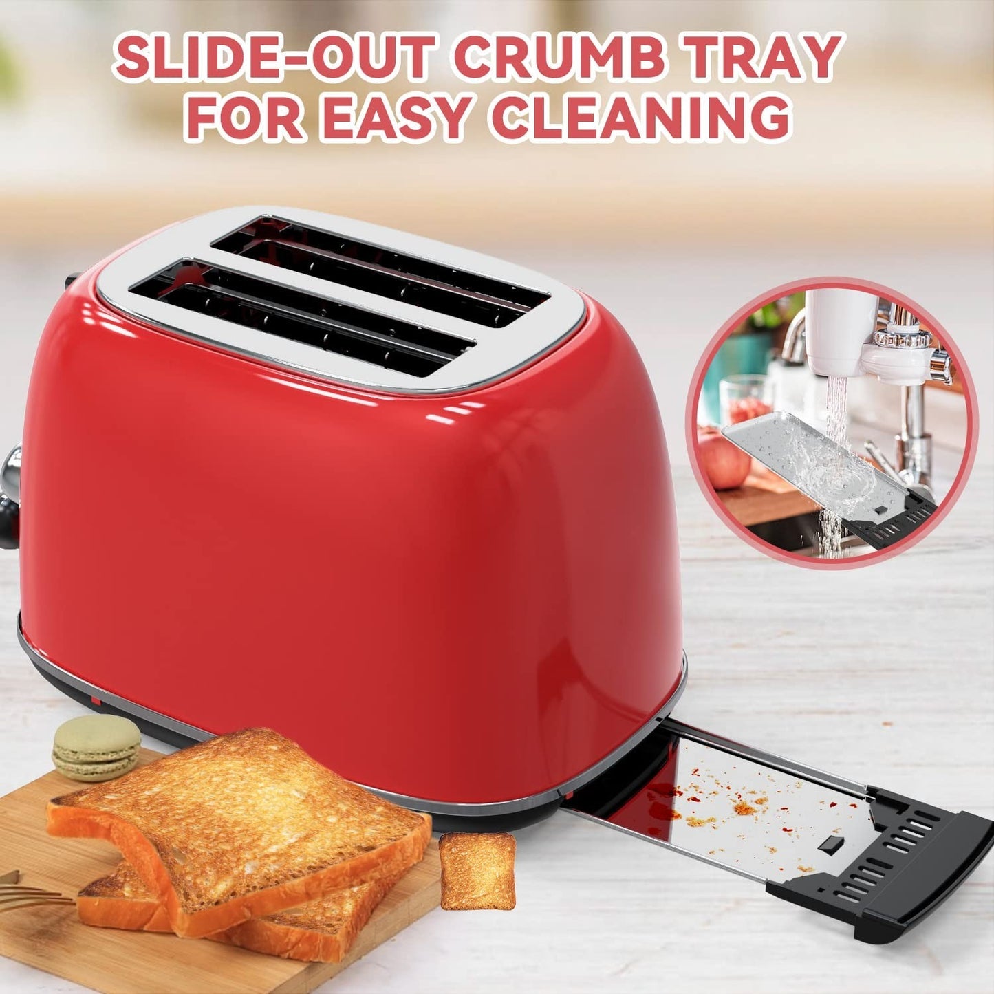 Retro Stainless Steel 2 Slice Toaster, 6 Settings, Extra Wide Slots, Bagel/Defro7