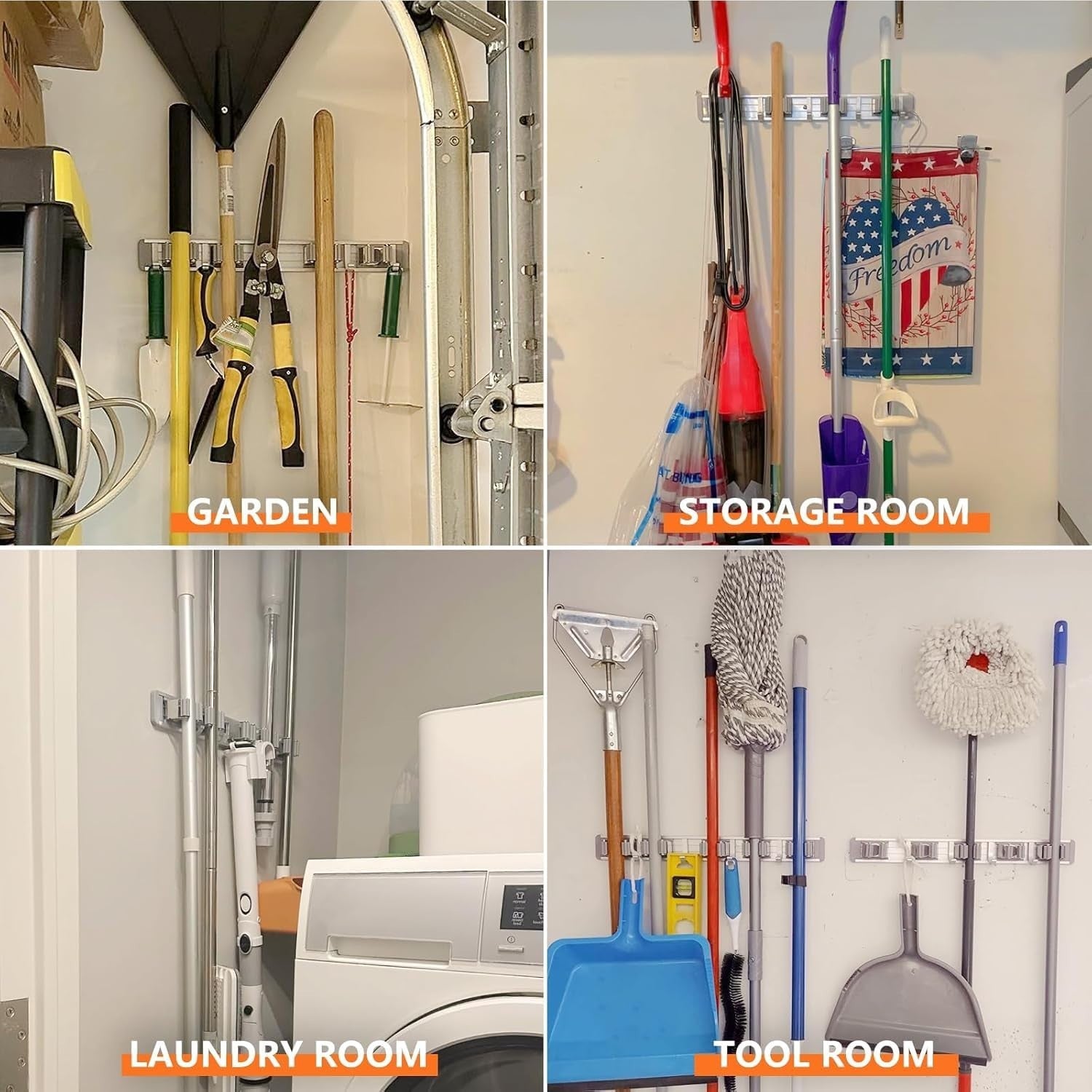 Wall Mount Broom Holder & Mop Organizer - 5 Racks & 4 Hooks, Space-Saving Tool S5