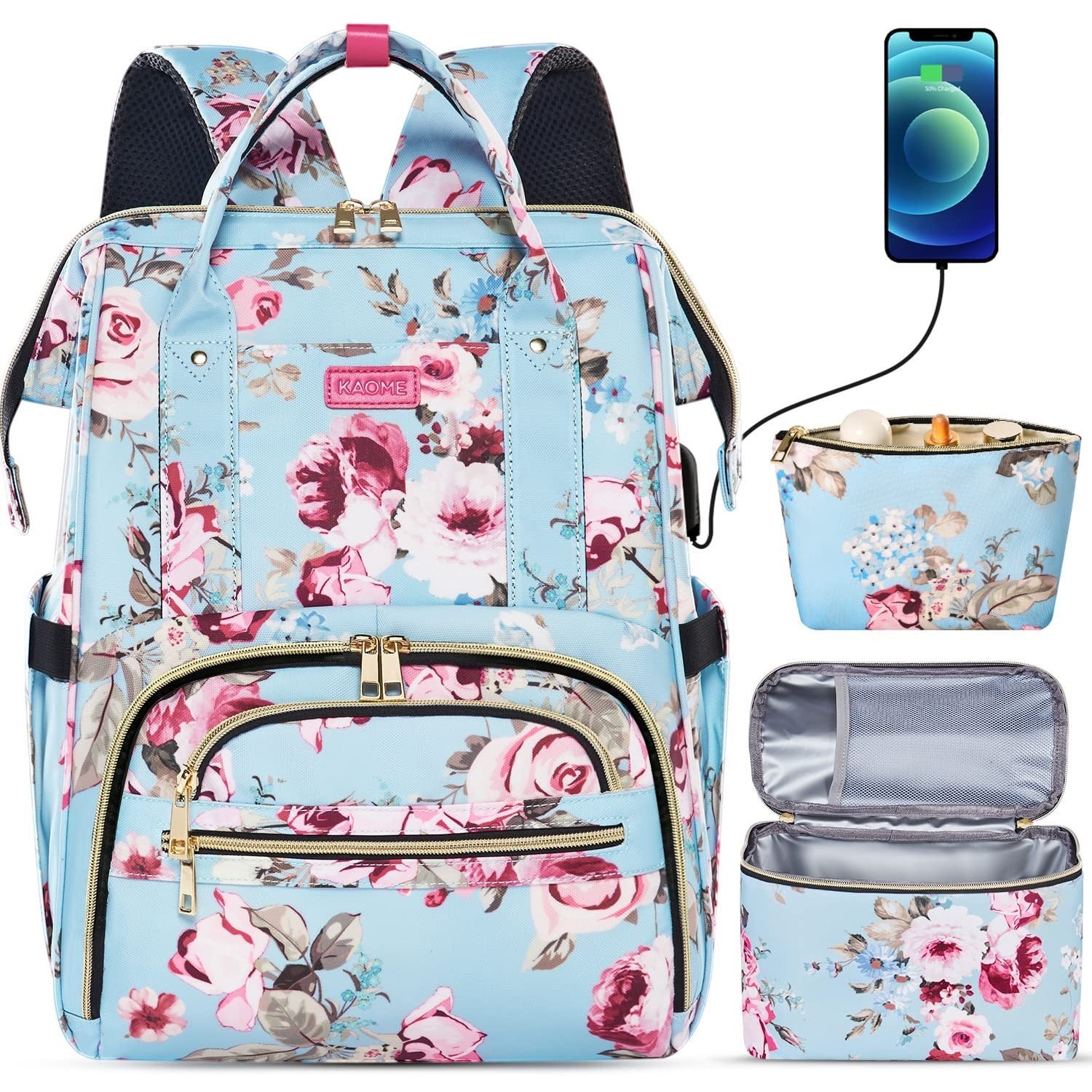 15.6" Laptop Backpack with USB Port, Insulated Lunch Bag, Waterproof Daypack for0