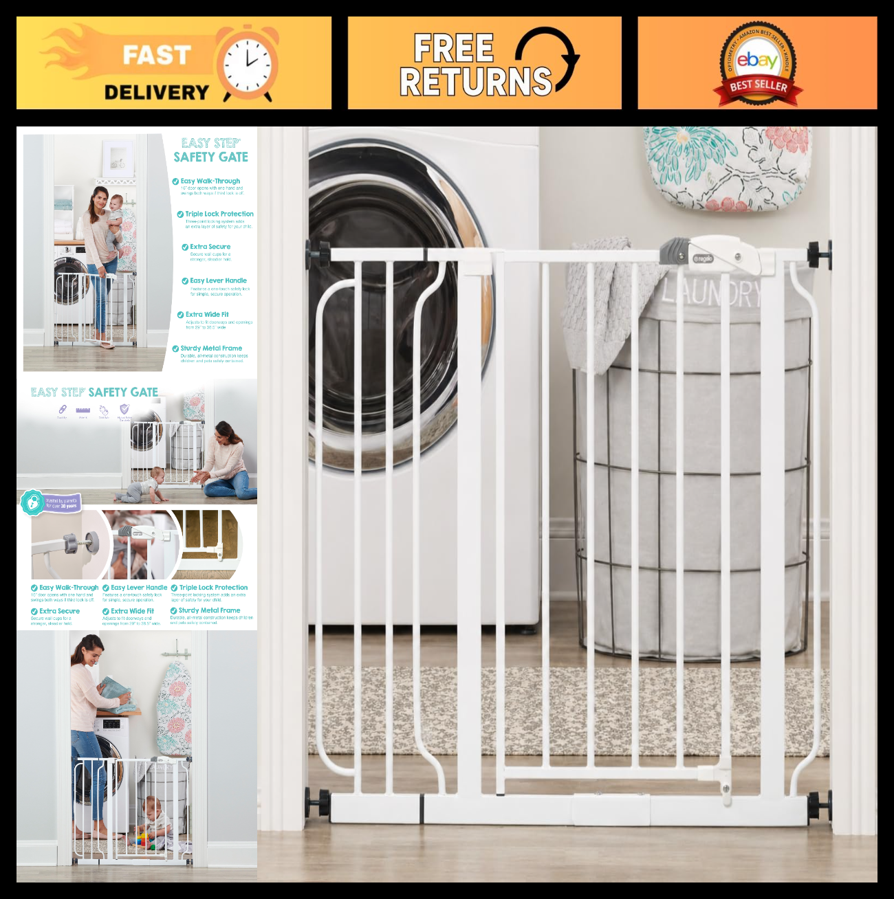 Adjustable 29" 38.5" Baby Gate for Stairs & Doorways   Easy Step Safety Barrier0