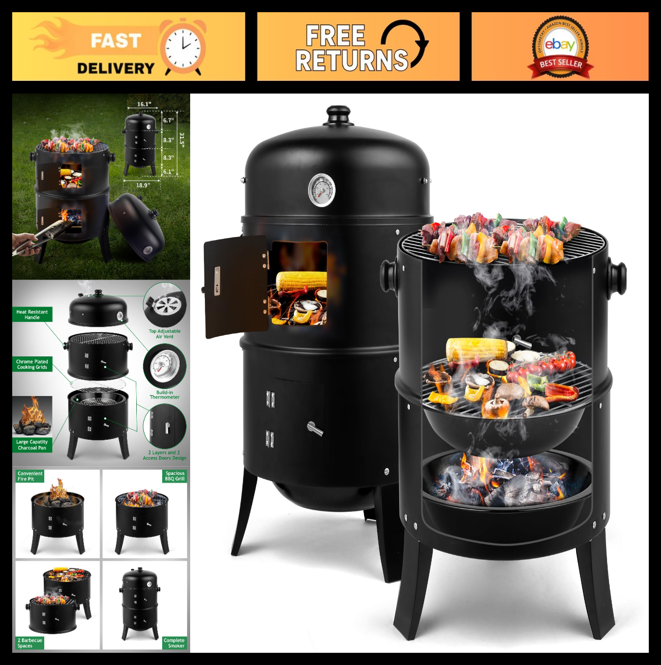 17 Inch Vertical Charcoal Smoker Grill - 3-in-1 Portable Outdoor Cooker with The0