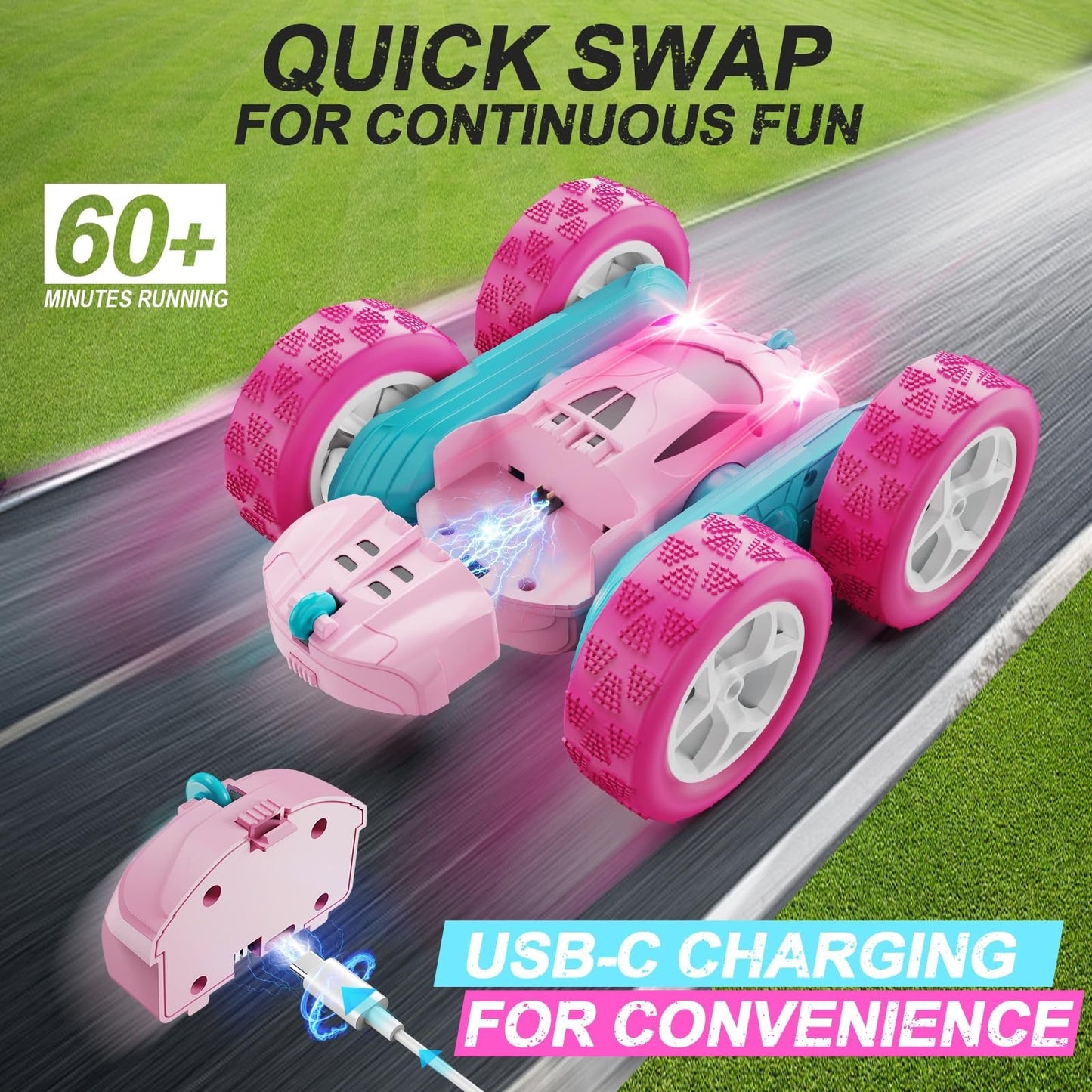 Pink Remote Control Car for Girls   2.4GHz Double Sided Stunt Crawler, 360° Rota1
