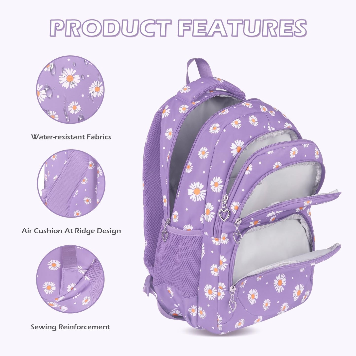Daisy Printed Girls Backpack Set   3PC with Lunch Box & Pencil Case, Lightweight4