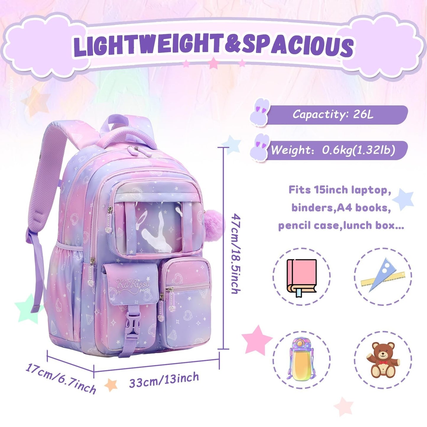 Kawaii Purple Kids Backpack - School Bag for Girls, Middle & Elementary Students2