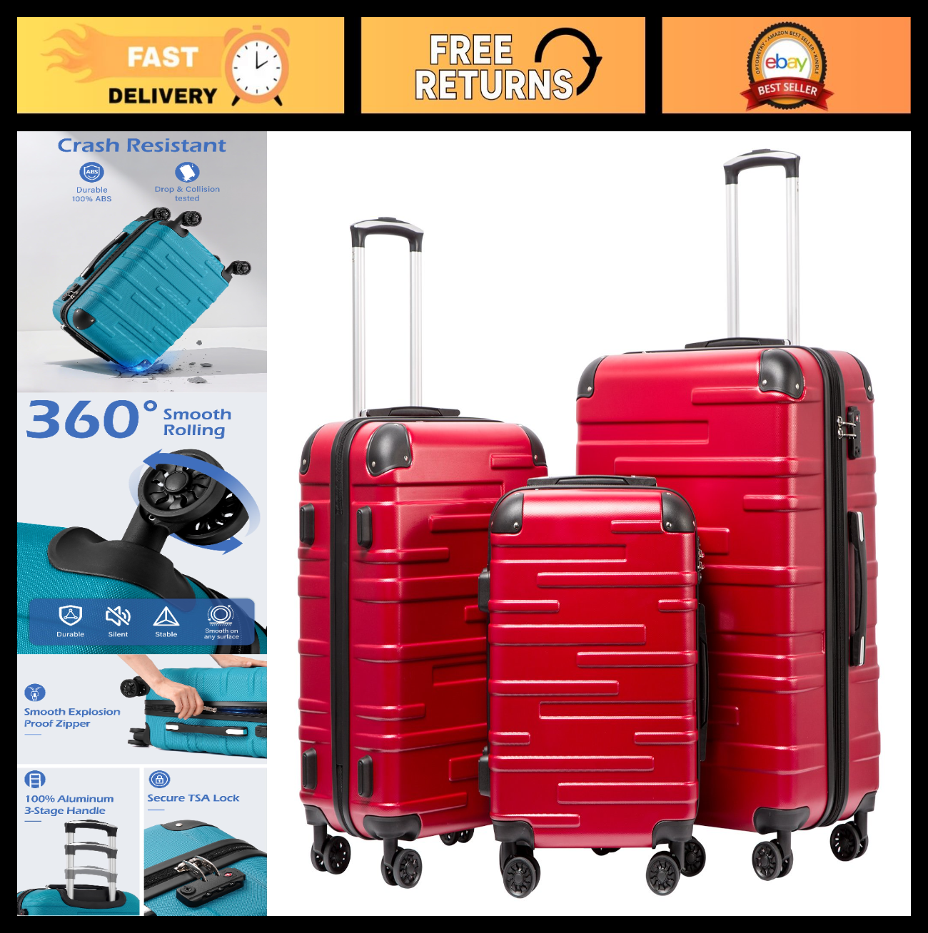 3-Piece Hardside Luggage Set - ABS, Scratch-Resistant, TSA Lock, 360° Spinner Wh0