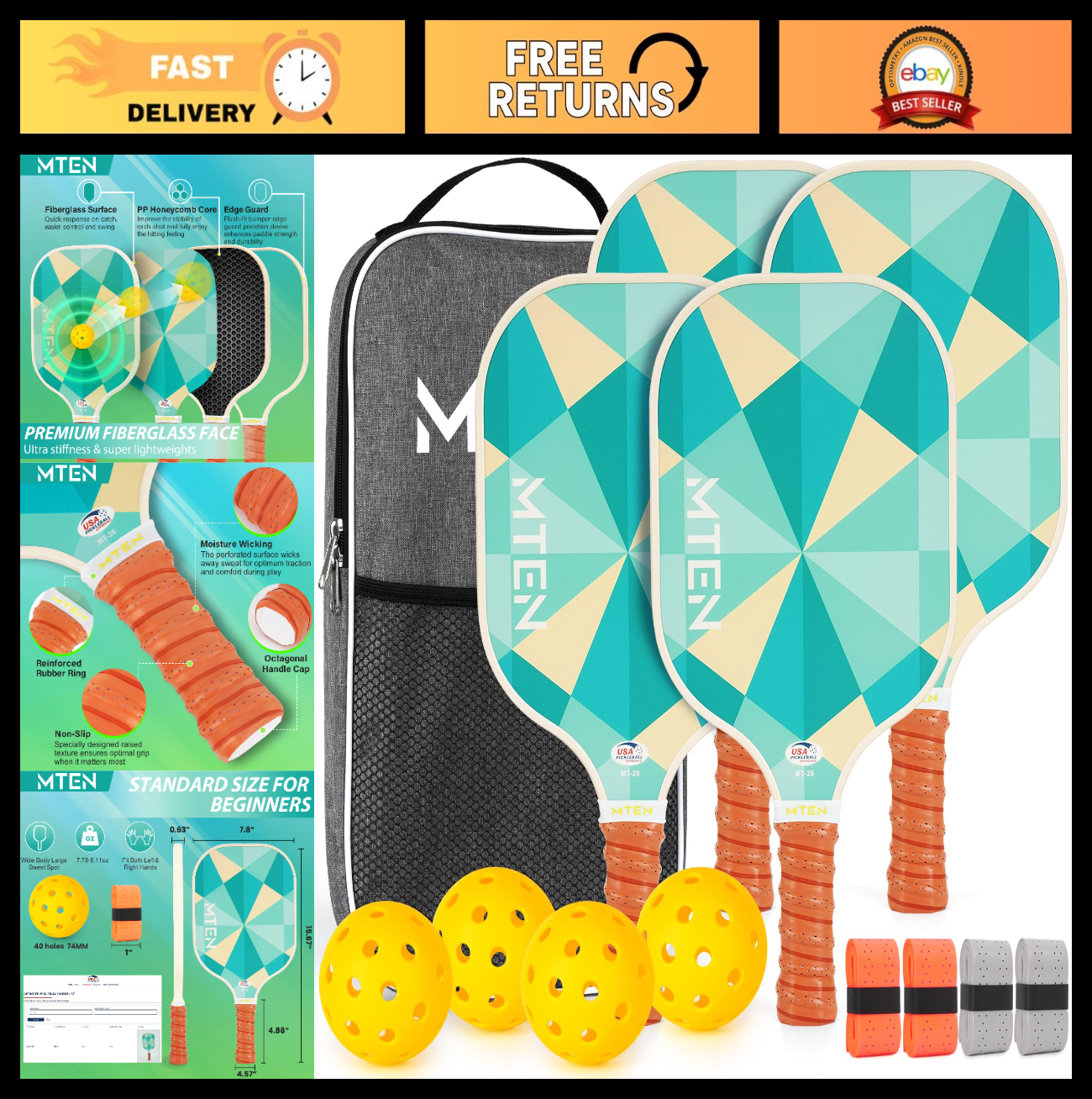 Pickleball Paddle Set of 2/4/1 - USAPA Approved Fiberglass Rackets, Lightweight0