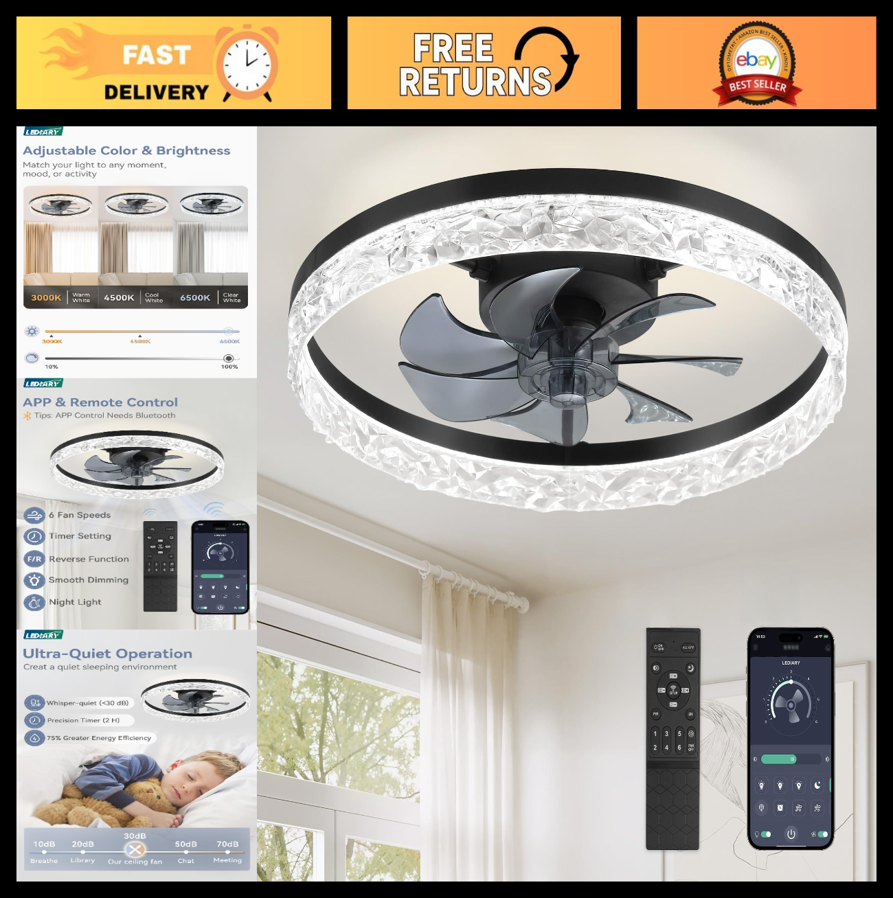 20" Modern Ceiling Fan with Lights & Remote   Dimmable, Low Profile, 6 Speeds, F0