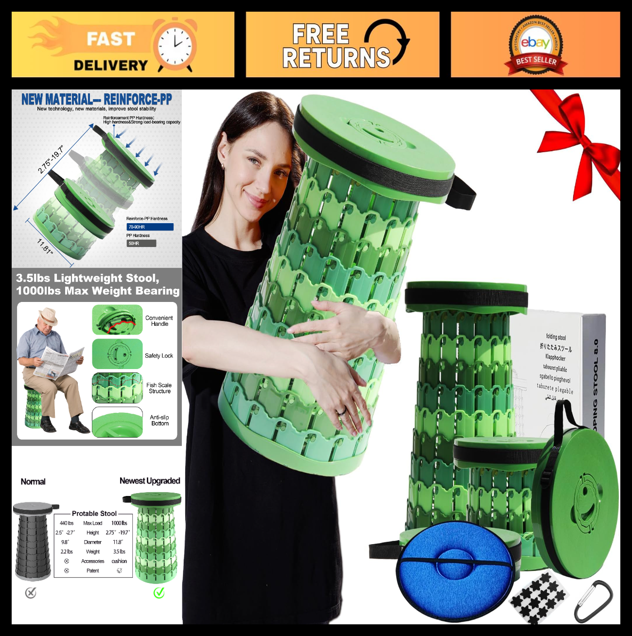 Heavy Duty 19.7" Portable Folding Stool with Cushion - Telescoping Camp Seat, 100