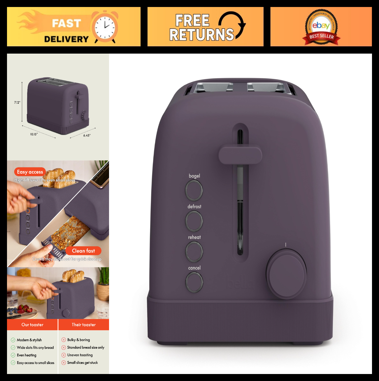 2 Slice Toaster with 6 Shade Settings, Reheat, Bagel, Defrost, Auto Shutoff, Plu0