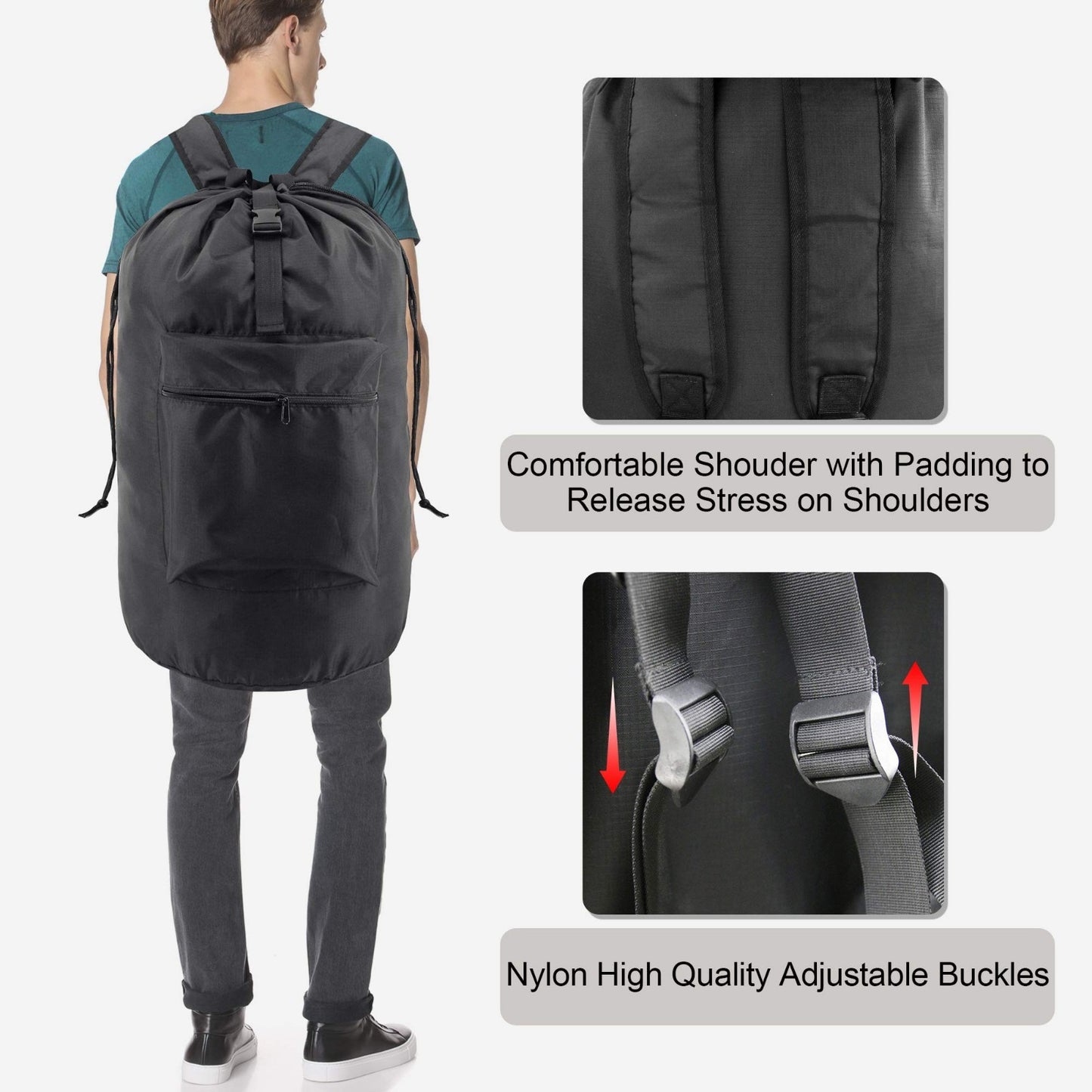 Extra Large Laundry Backpack with Adjustable Straps - Heavy Duty Drawstring Hamp3