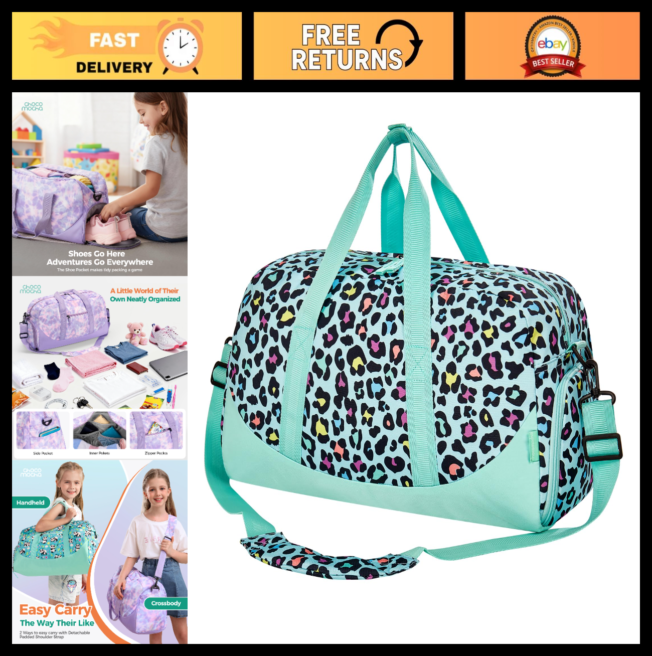 Girls Cheetah Duffle Bag - Large Overnight Travel Bag with Shoe Compartment, Tea0