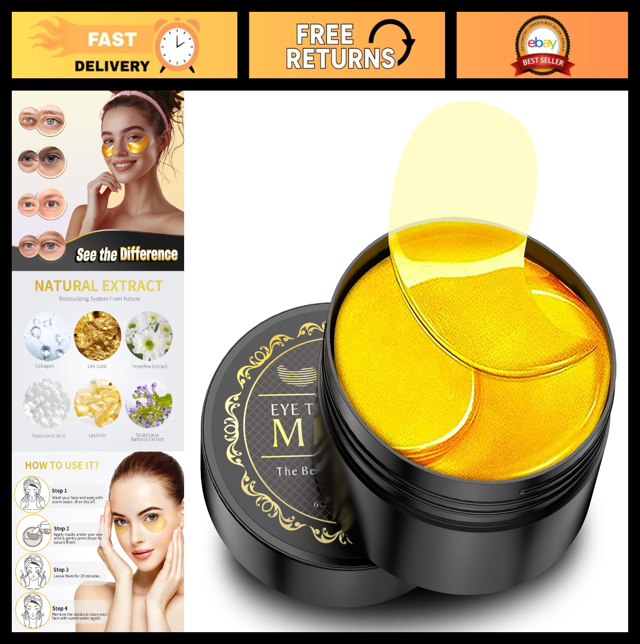 24K Gold Under Eye Patches   60 Pack Hydrating Eye Masks for Dark Circles & Puff0