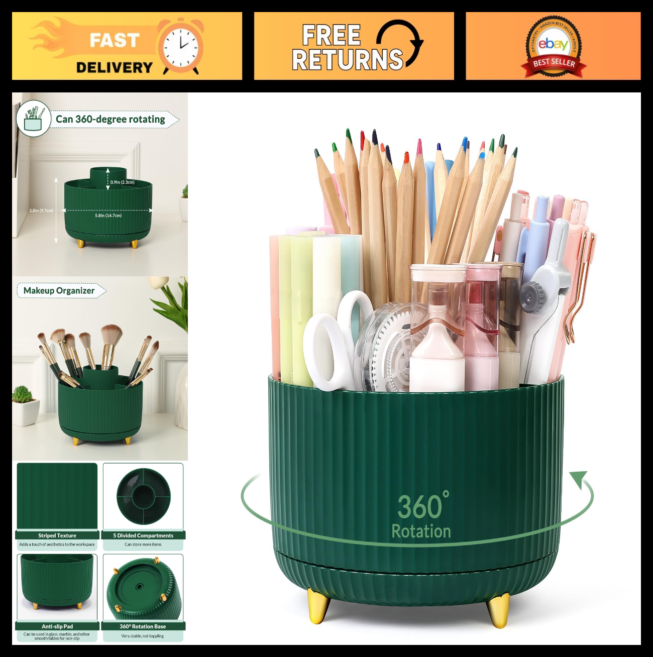 360° Rotating Desk Organizer   Dual Purpose Pencil Holder with 5 Slots for Offic0
