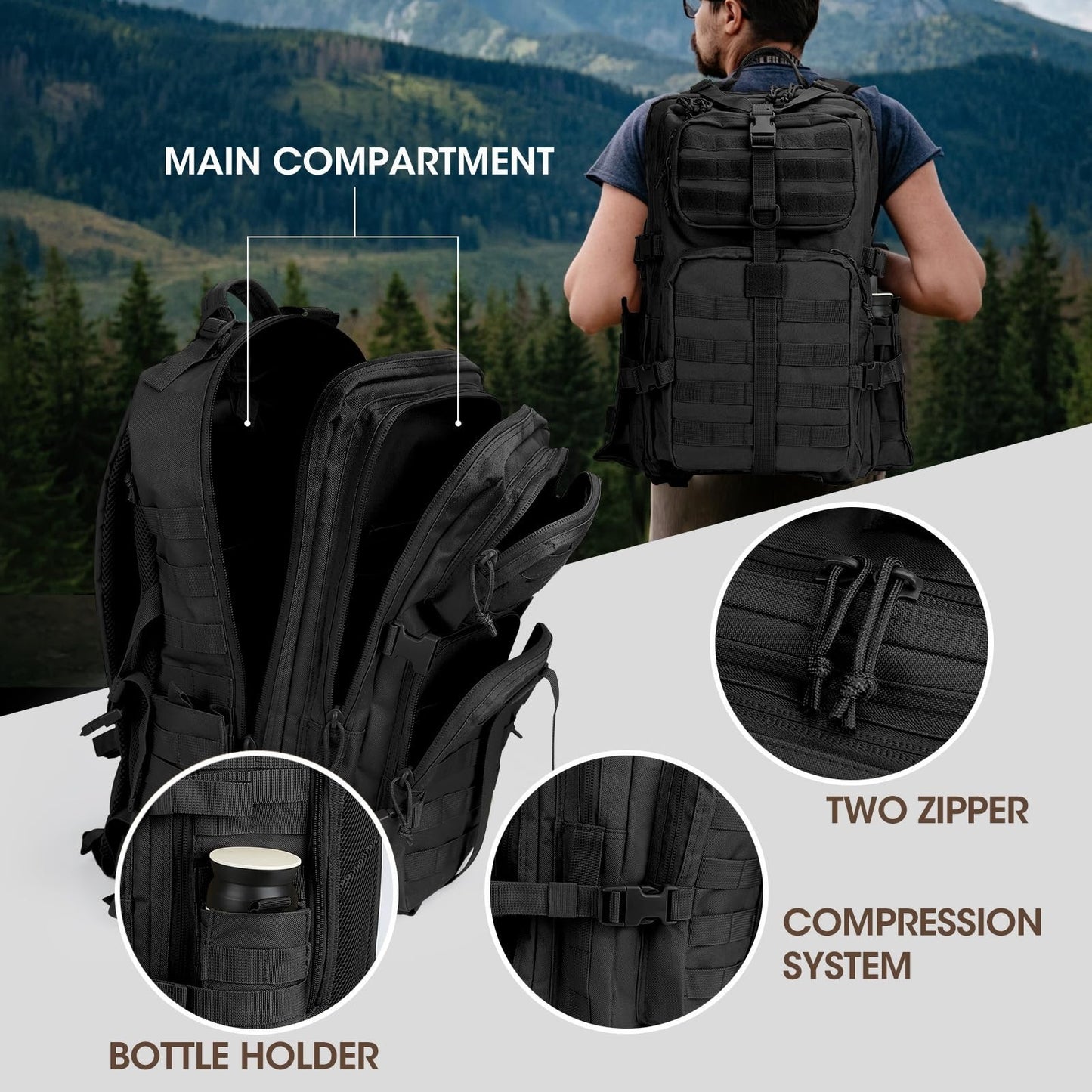 Tactical Military Backpack for Men   3 Day Survival Gear, Black, Outdoor Travel5