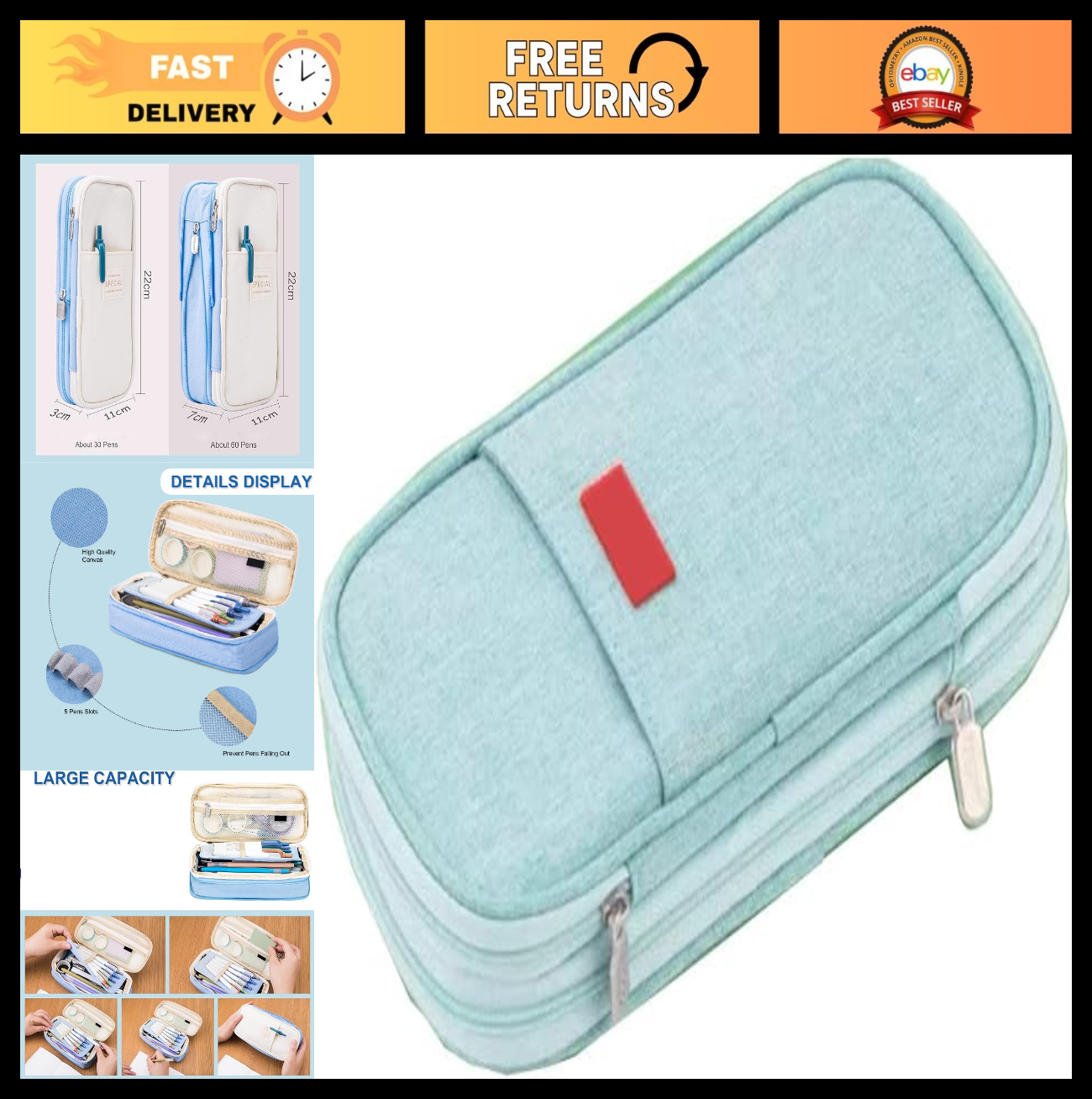 Large Storage Pencil Case Bag   Zippered Organizer Pouch for Office & Travel, Bi0