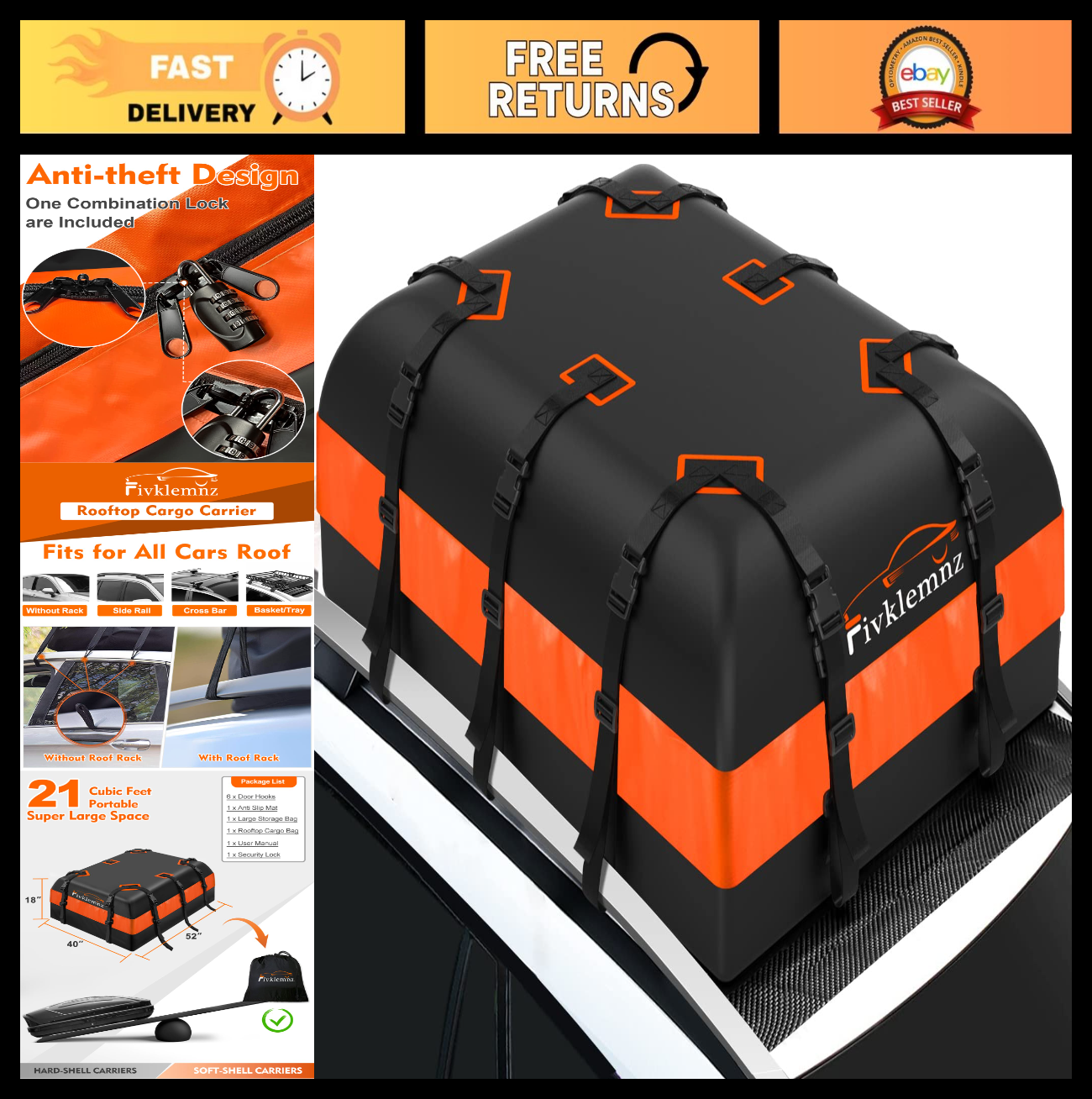 21 Cubic Waterproof Rooftop Cargo Carrier Bag - Soft Roof Storage, Anti-Slip Mat0