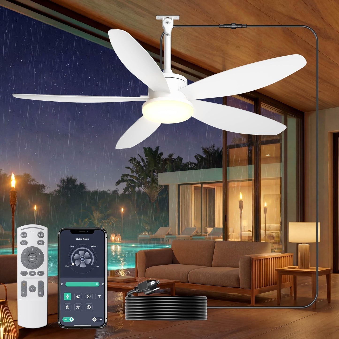 42" Waterproof Outdoor Ceiling Fan with Lights, Remote Control, Quiet DC Motor,1