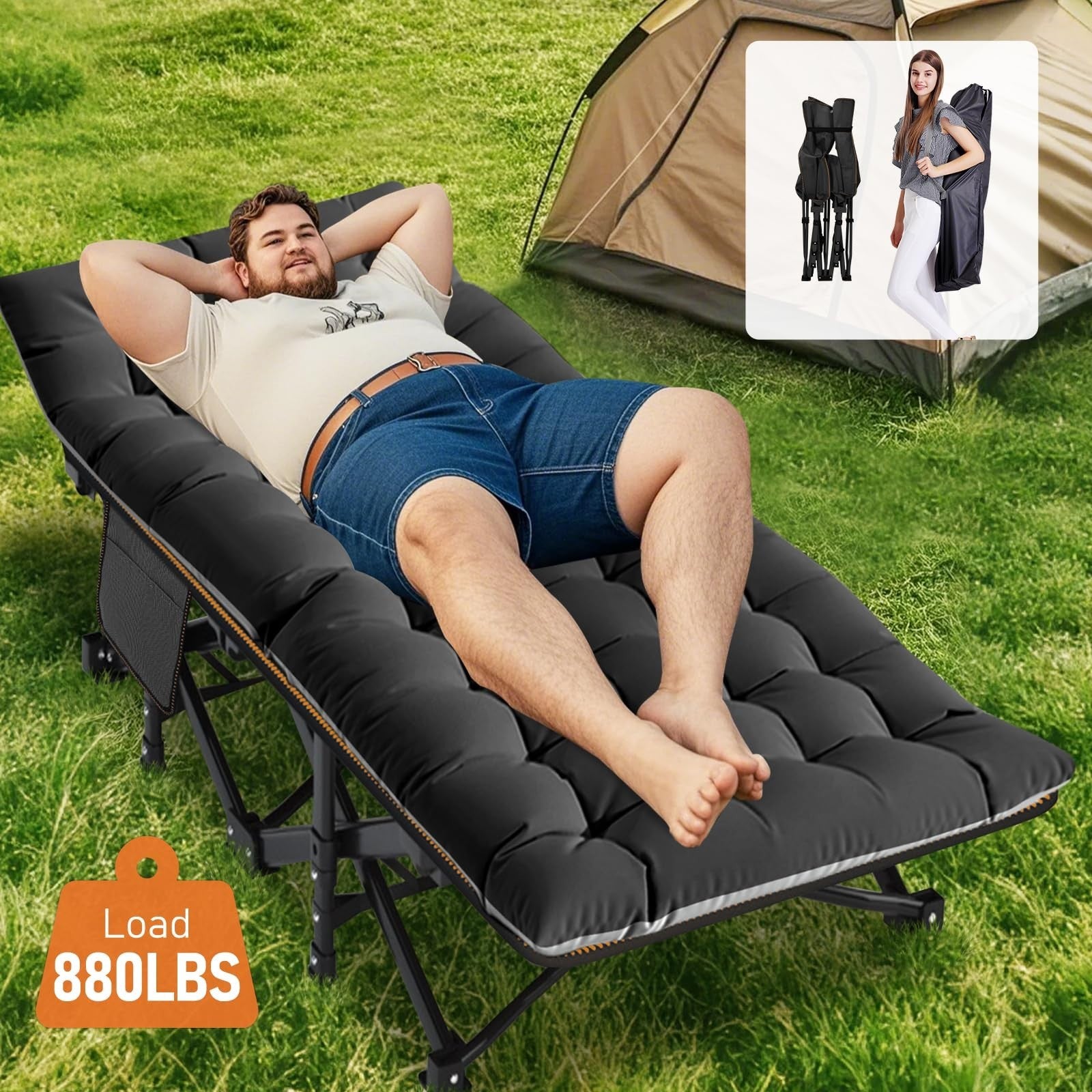Folding Camping Cot for Adults, 28" Wide, 880 lbs Capacity, Padded with Carry Ba3