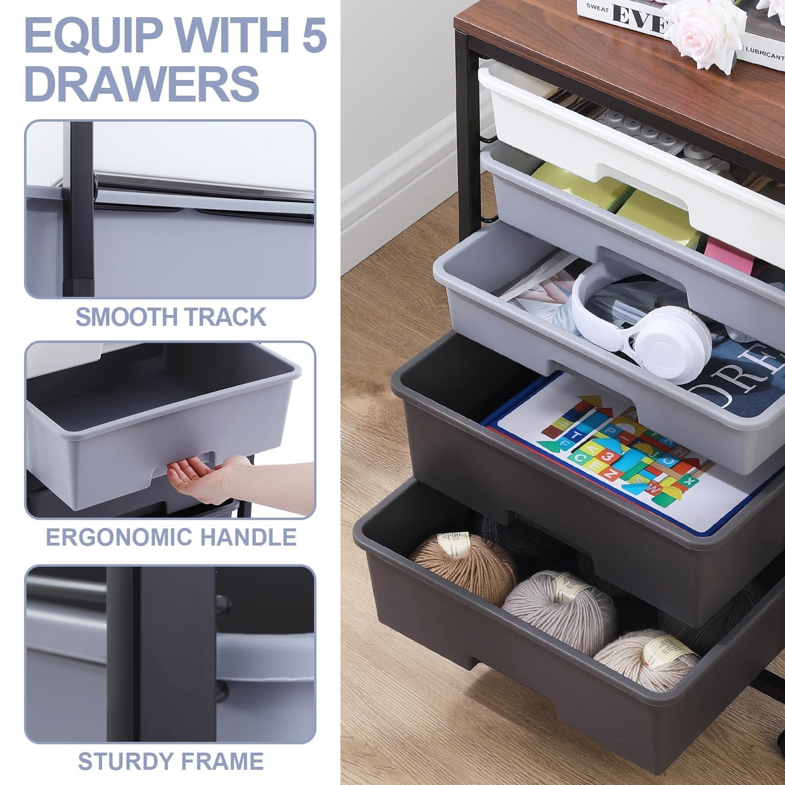 5 Drawer Utility Cart with Wooden Top, Lockable Wheels, Rolling Storage Trolley,3