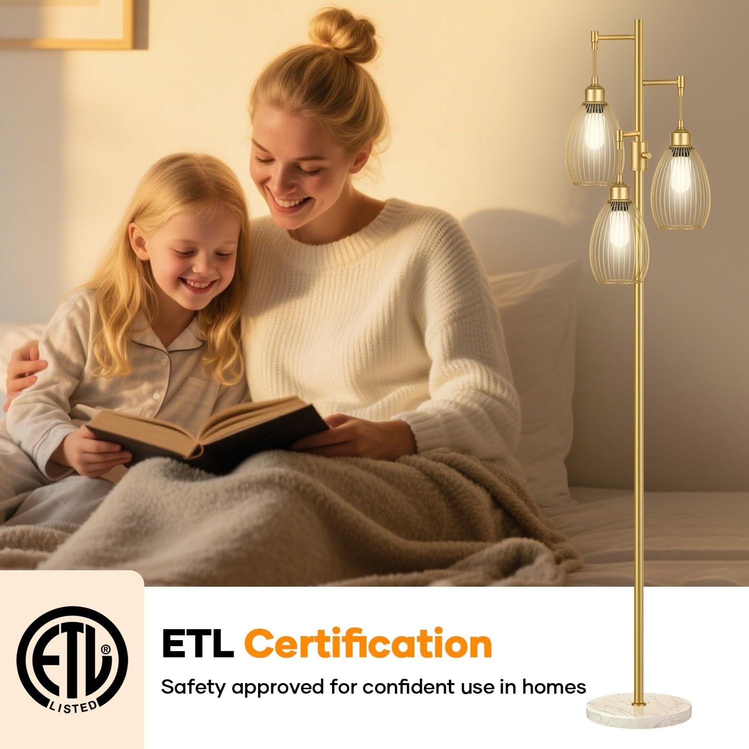 Dimmable Floor Lamp with 3 LED Bulbs, Industrial Tree Design, Gold & Marble Base5
