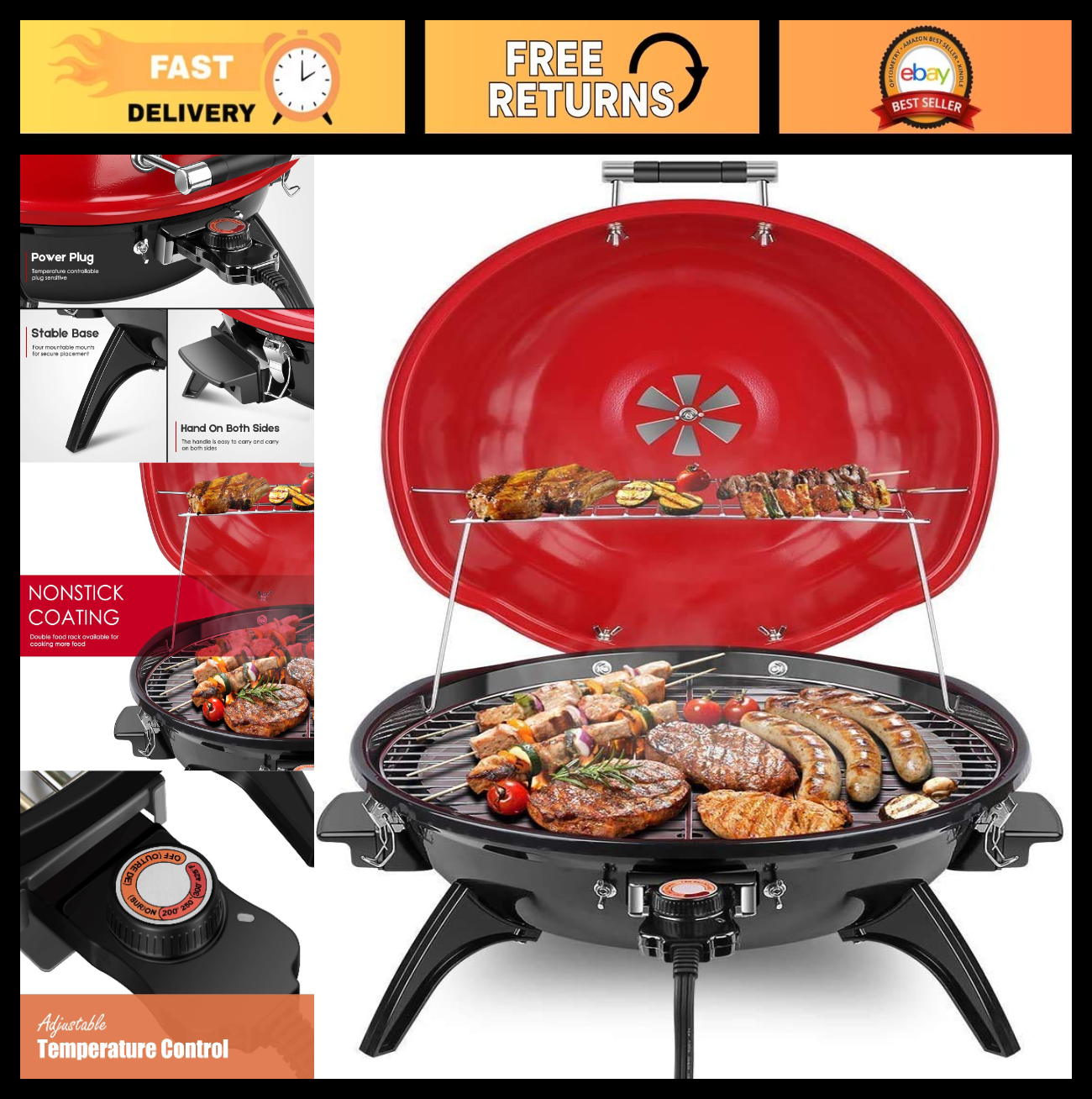 1600W Electric BBQ Grill - 15-Serving Indoor/Outdoor Portable Grill, Double Laye0