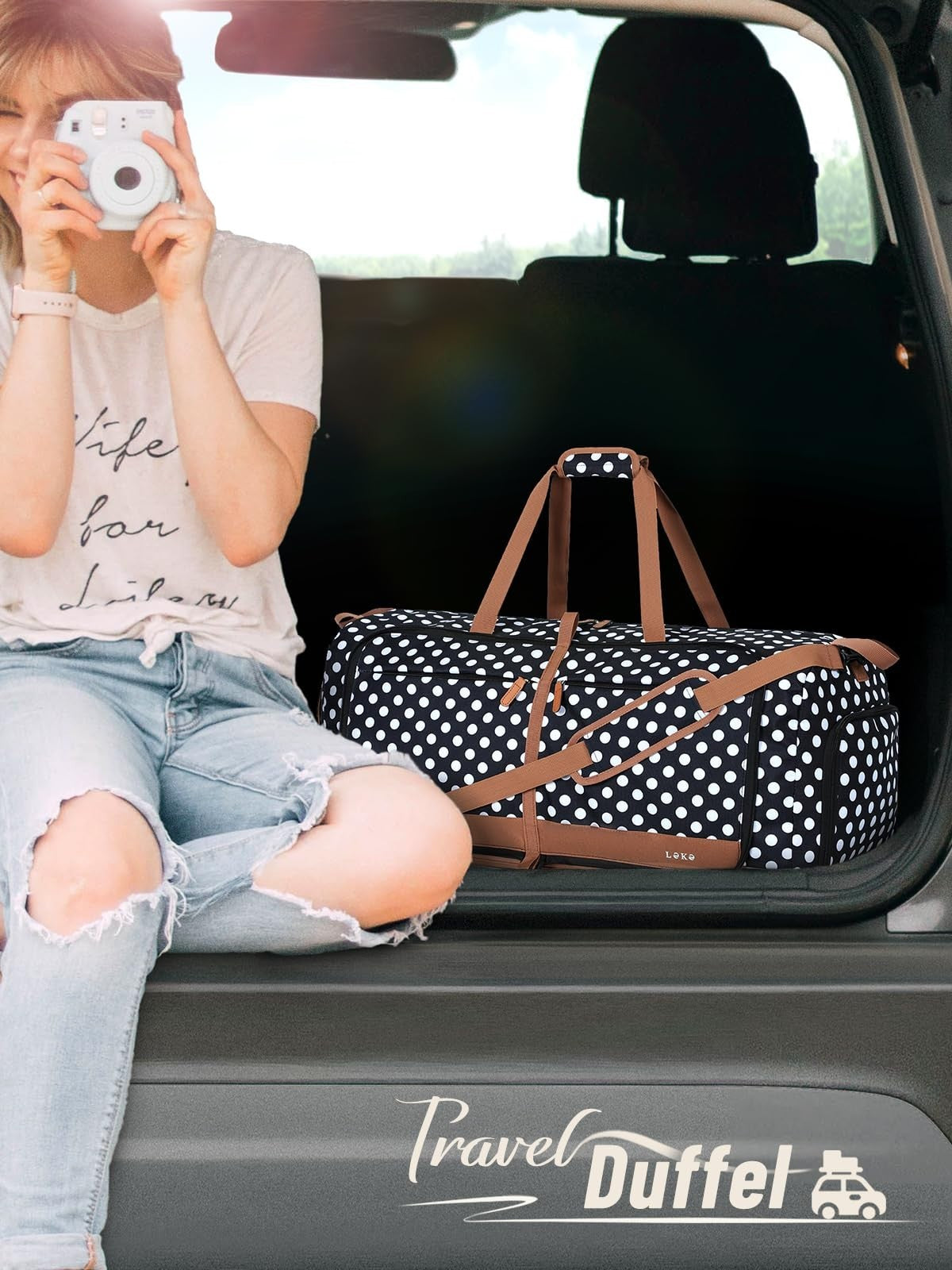 80L Foldable Travel Duffel Bag for Women - Large Weekend Carry-On with Shoe Comp2