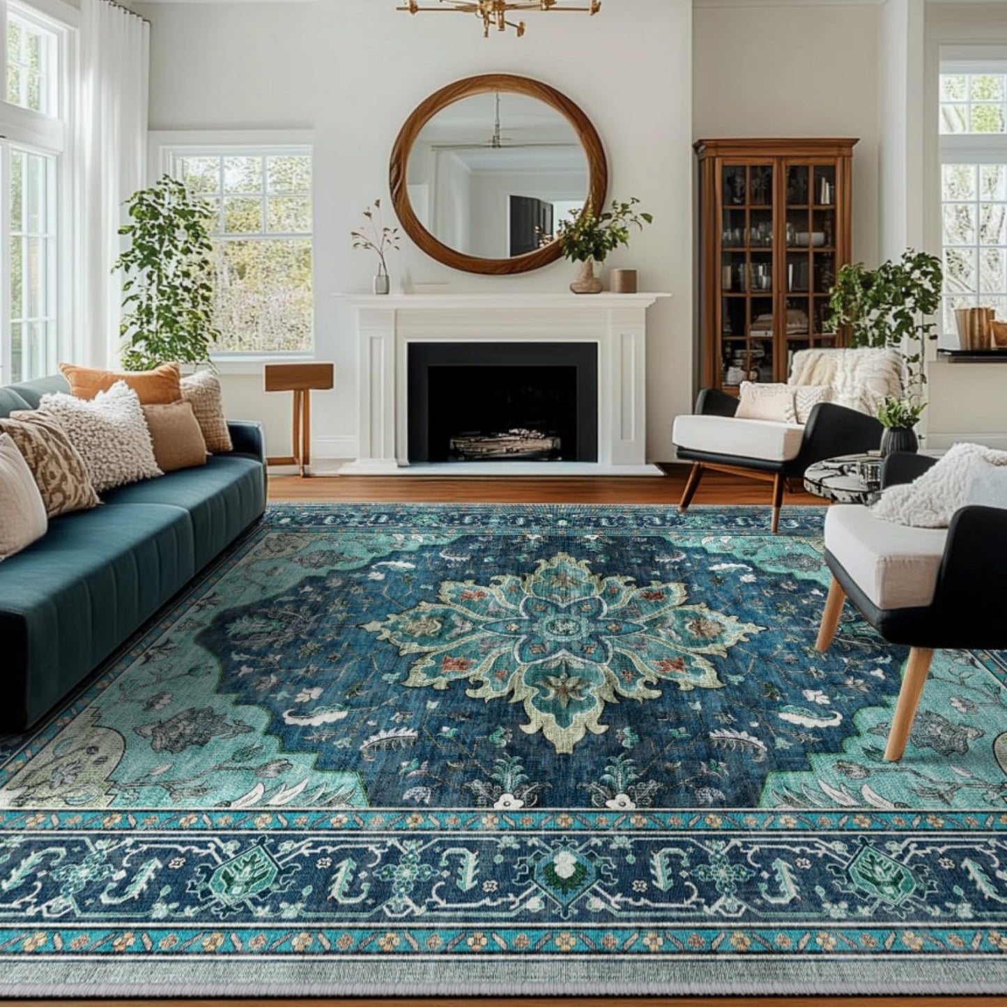 Washable 8'x10' Area Rug   Teal Vintage Floral Boho, Non Slip, Water Repellent,1