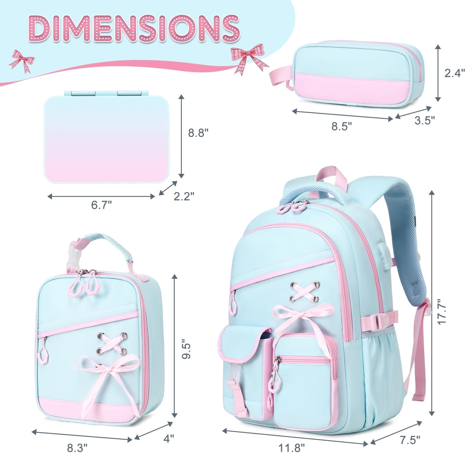 Girls School Backpacks Set   6PCS with Bento Box, Lunch Bag & Pencil Pouch, Aqua2