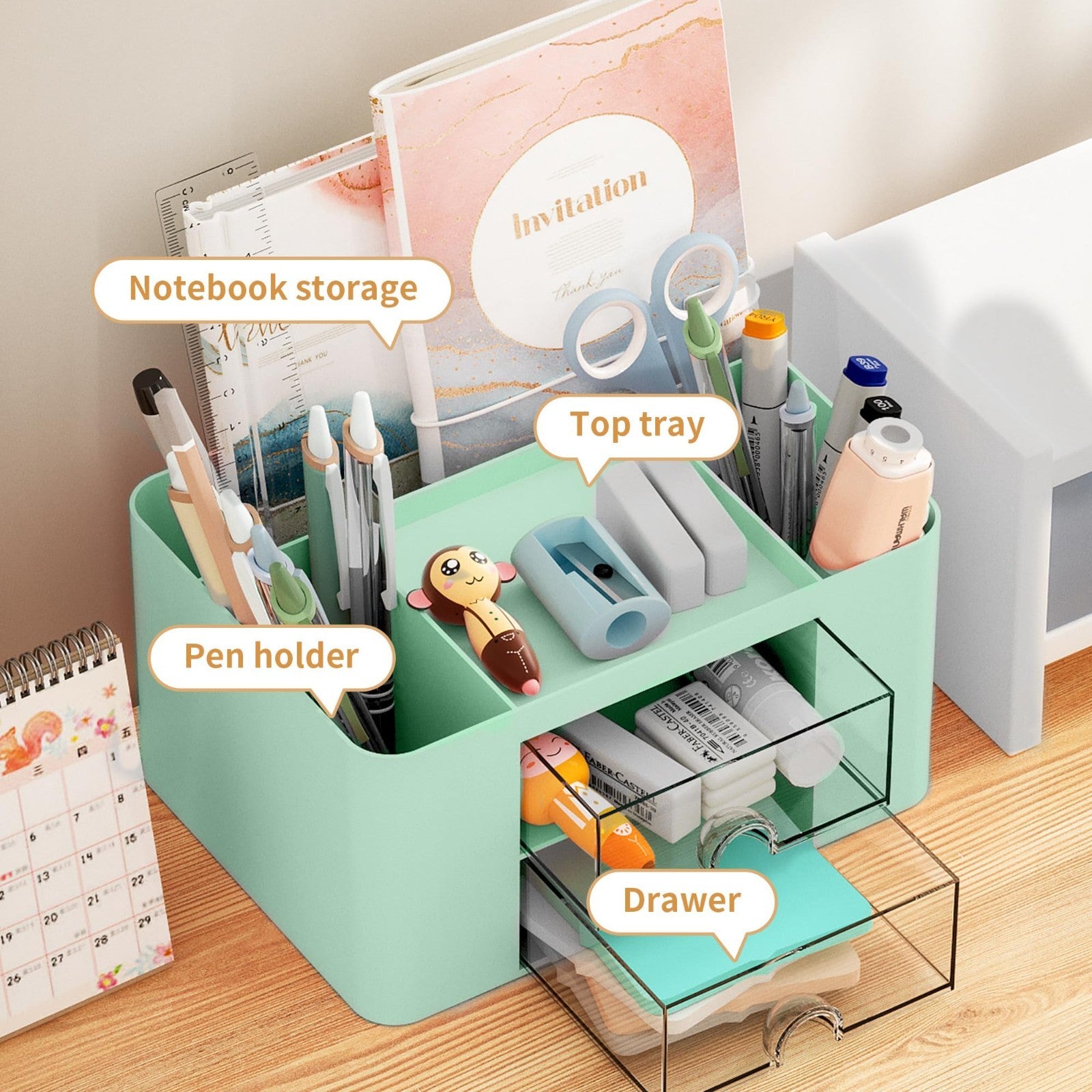Multi Functional Desk Organizer with 2 Drawers, 5 Compartments, Pencil Holder  3