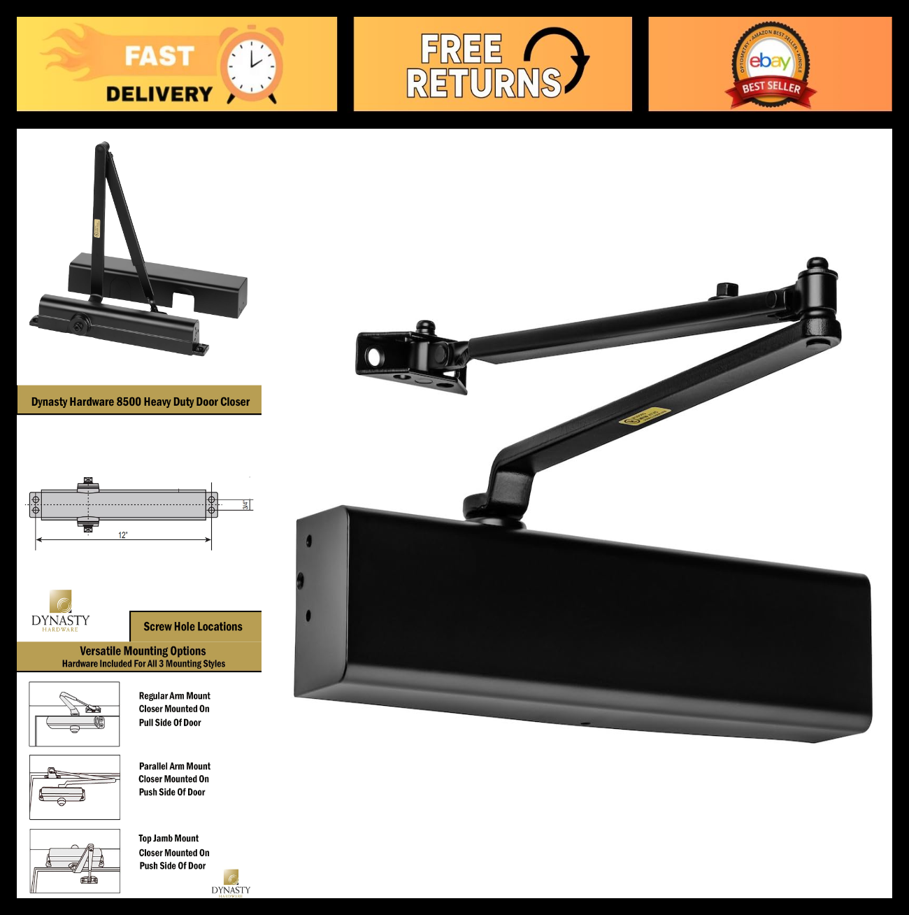 Heavy Duty Hydraulic Door Closer, Adjustable Spring Size 1 6, ADA Compliant, Bla0