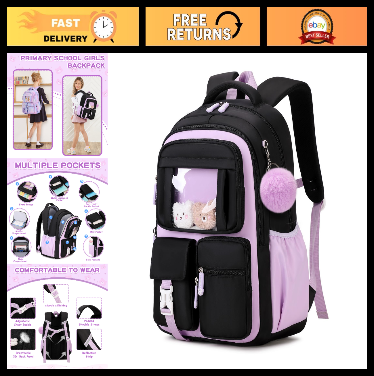 Kawaii Girls School Backpack - Cute Black & Purple Book Bag for Middle & Element0