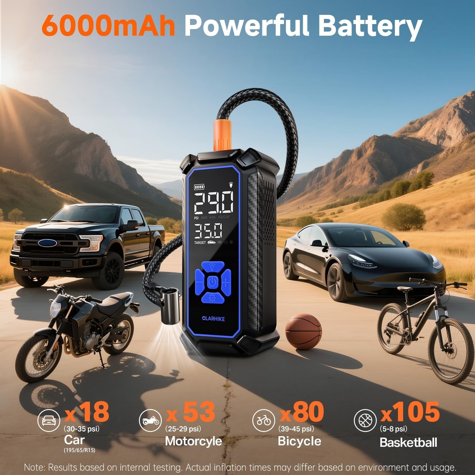 Portable Tire Inflator Air Compressor   6000mAh & 12V DC, Cordless Pump for Cars4