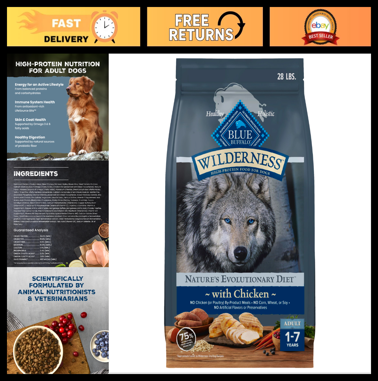 High Protein Chicken & Wholesome Grains Dry Dog Food, 28lb   Grain Free, Natural0