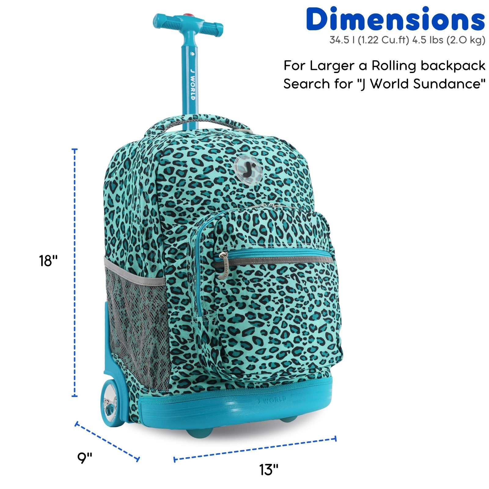Kids Rolling Backpack with Wheels, 18" Bookbag for School, Mint Leopard Design6