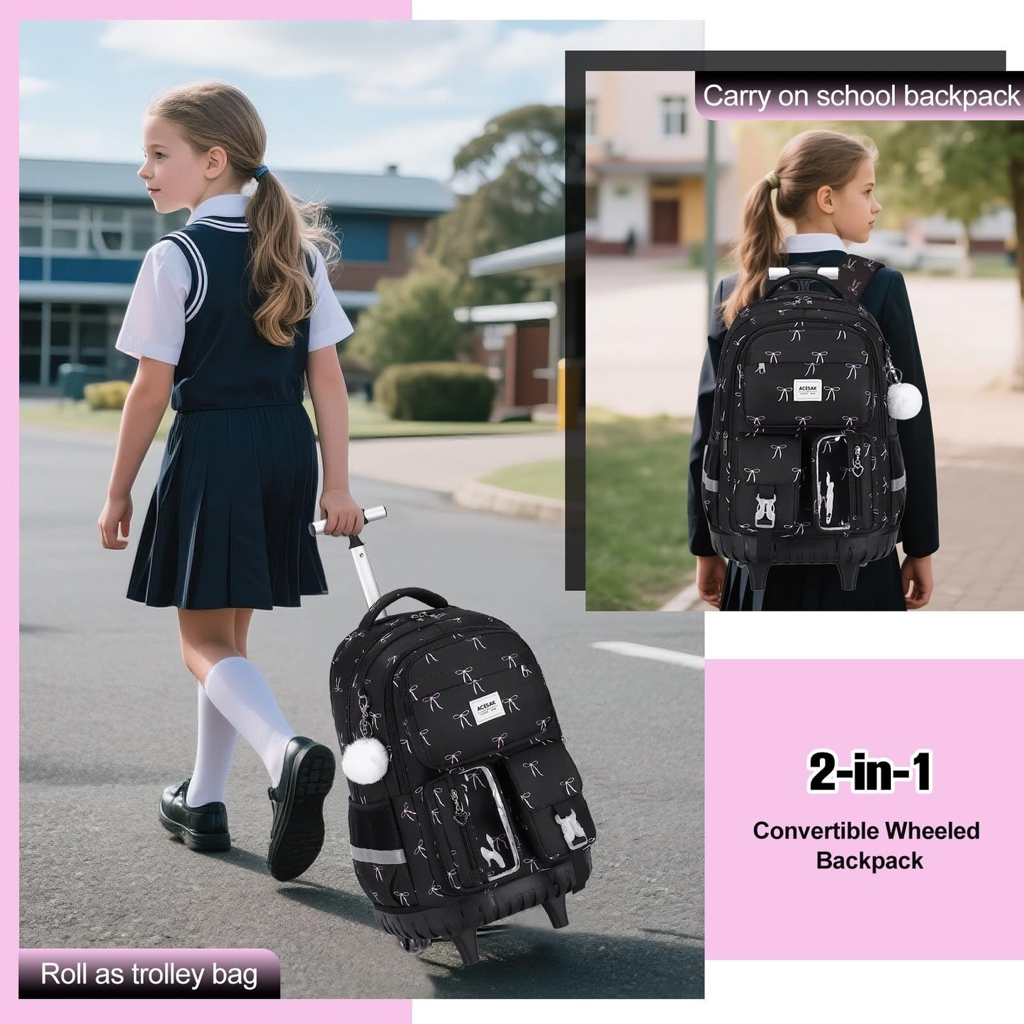 Rolling Backpack for Girls with Lunch Bag & Pencil Pouch   Wheeled Bookbag for S6