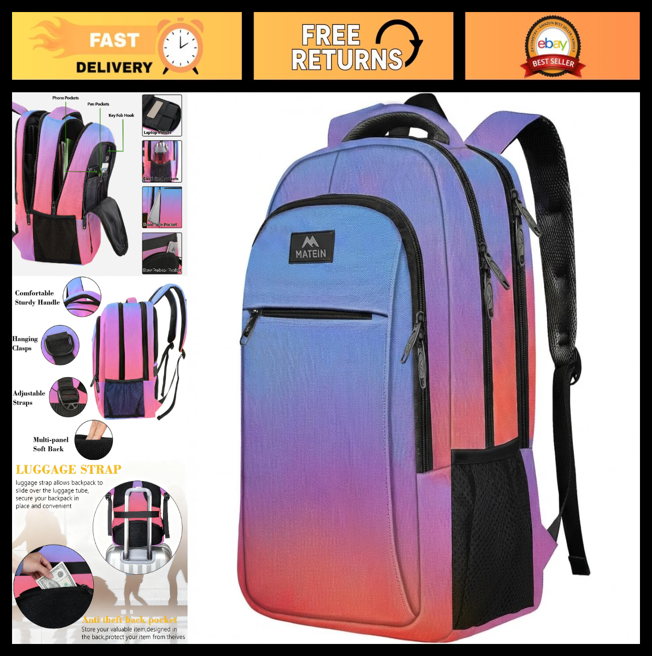 Colorful Slim Laptop Backpack for 15.6" Computers, Stylish Travel Bag, Durable D0