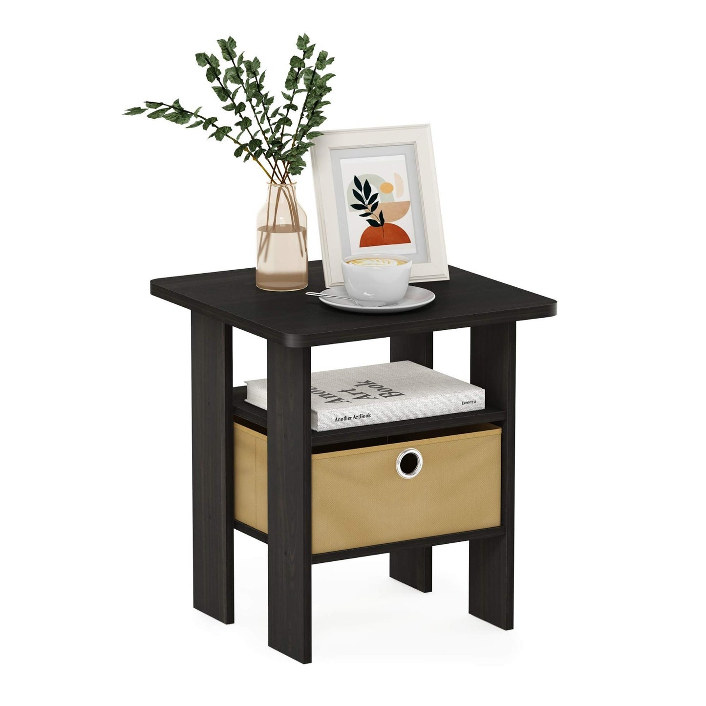 Stylish Side Table with Open Shelves & Storage Bin - Nightstand for Bedroom & Li3