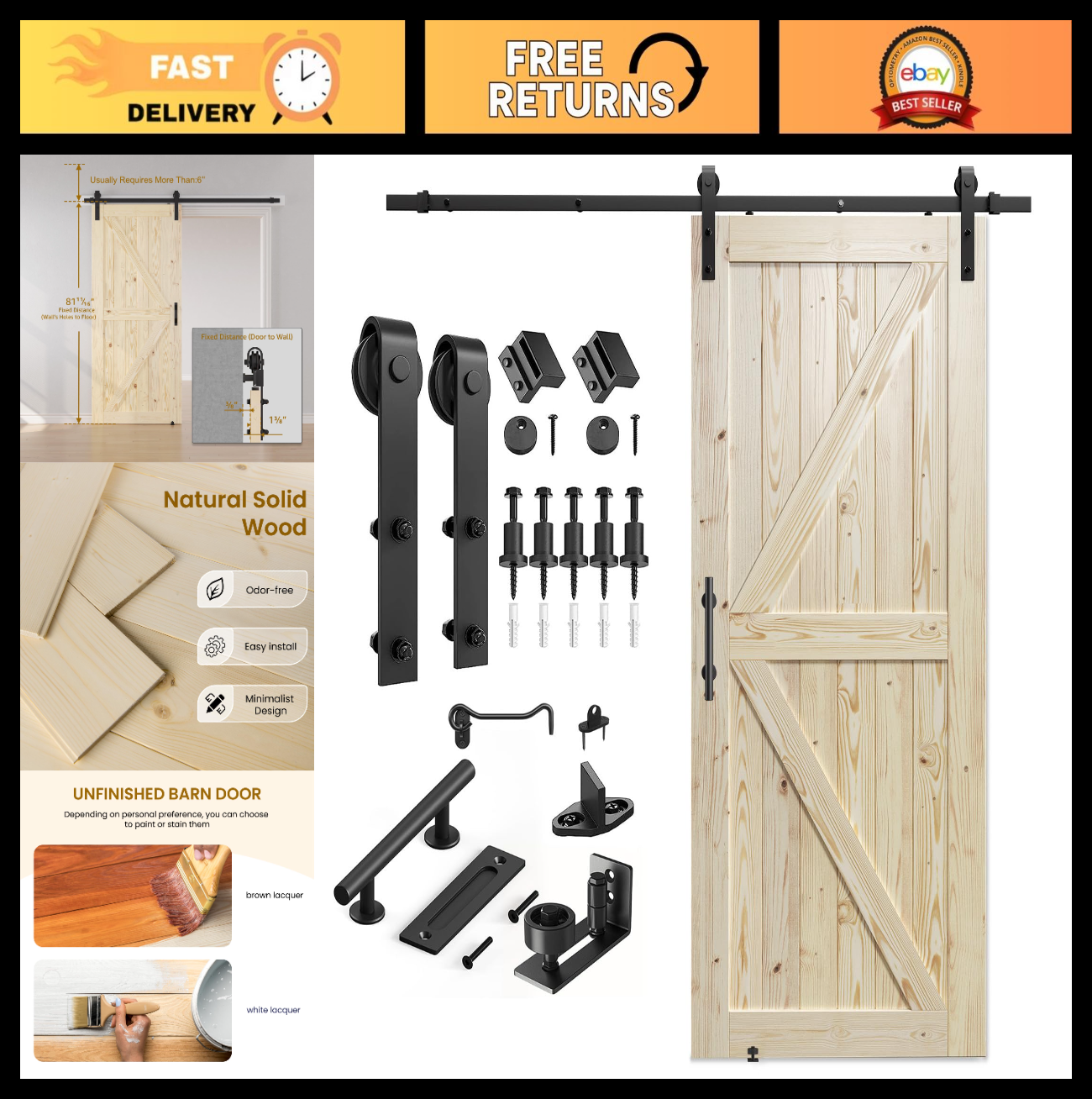36"x80" Unfinished Solid Spruce Wood Sliding Barn Door & 6.6ft Hardware Kit, DIY0