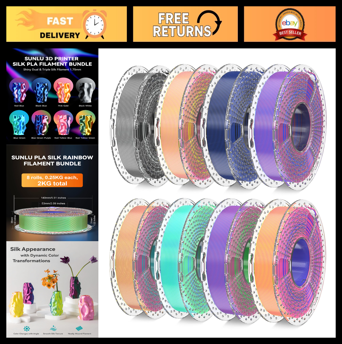 Multicolor Silk 3D Printer Filament Bundle, Dual & Triple Color, 2kg Vacuum Pack0