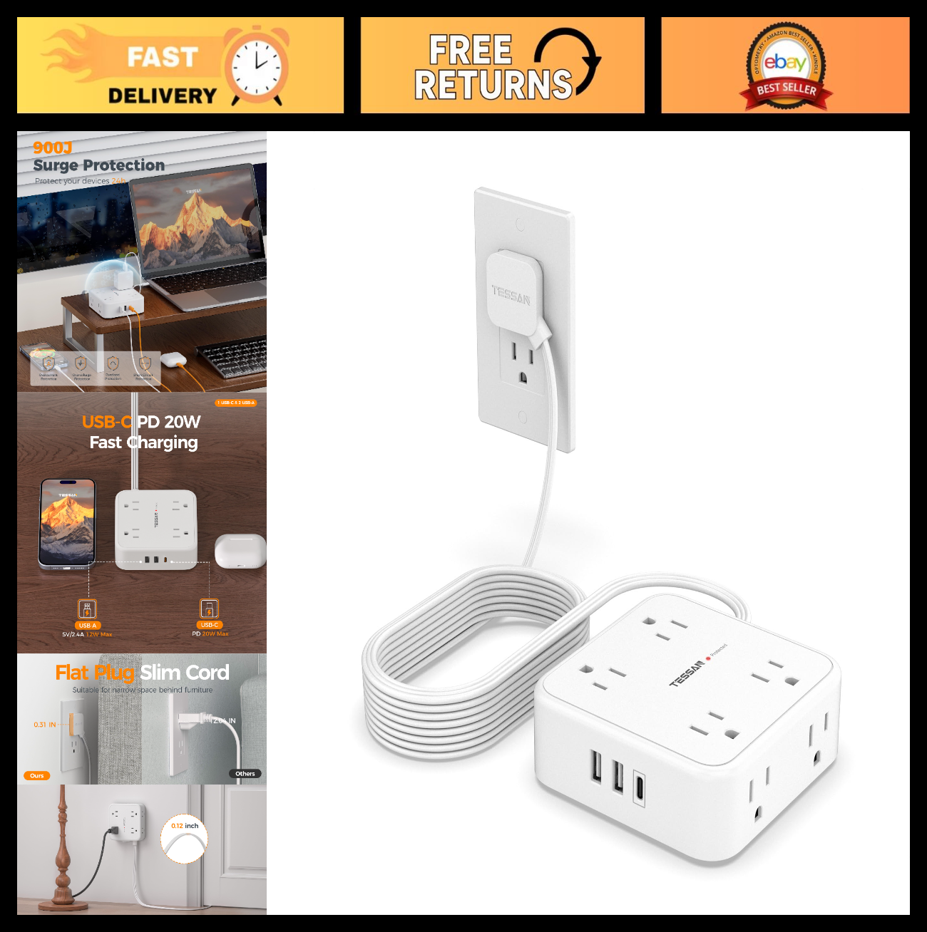 Surge Protector Power Strip 900J Protection, 15 Ft Extension Cord, White0