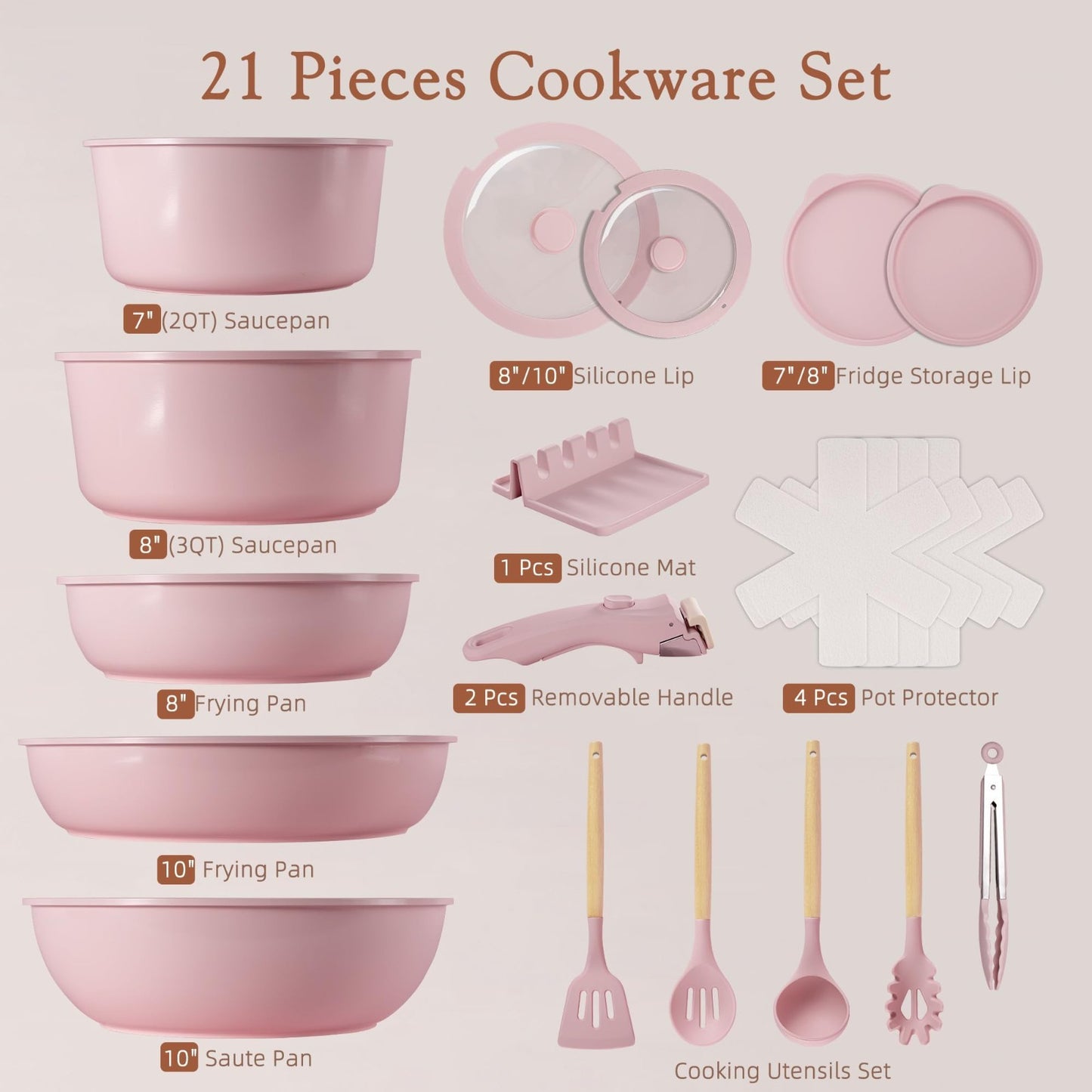 21 Piece Non Stick Ceramic Cookware Set, Detachable Handle, Oven Safe, Induction8