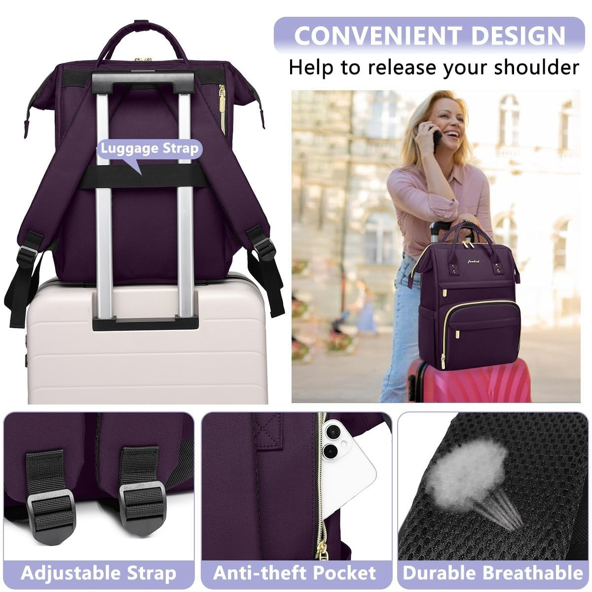 Stylish 15.6" Laptop Backpack for Women   Waterproof Travel Work Bag, Dark Purpl3